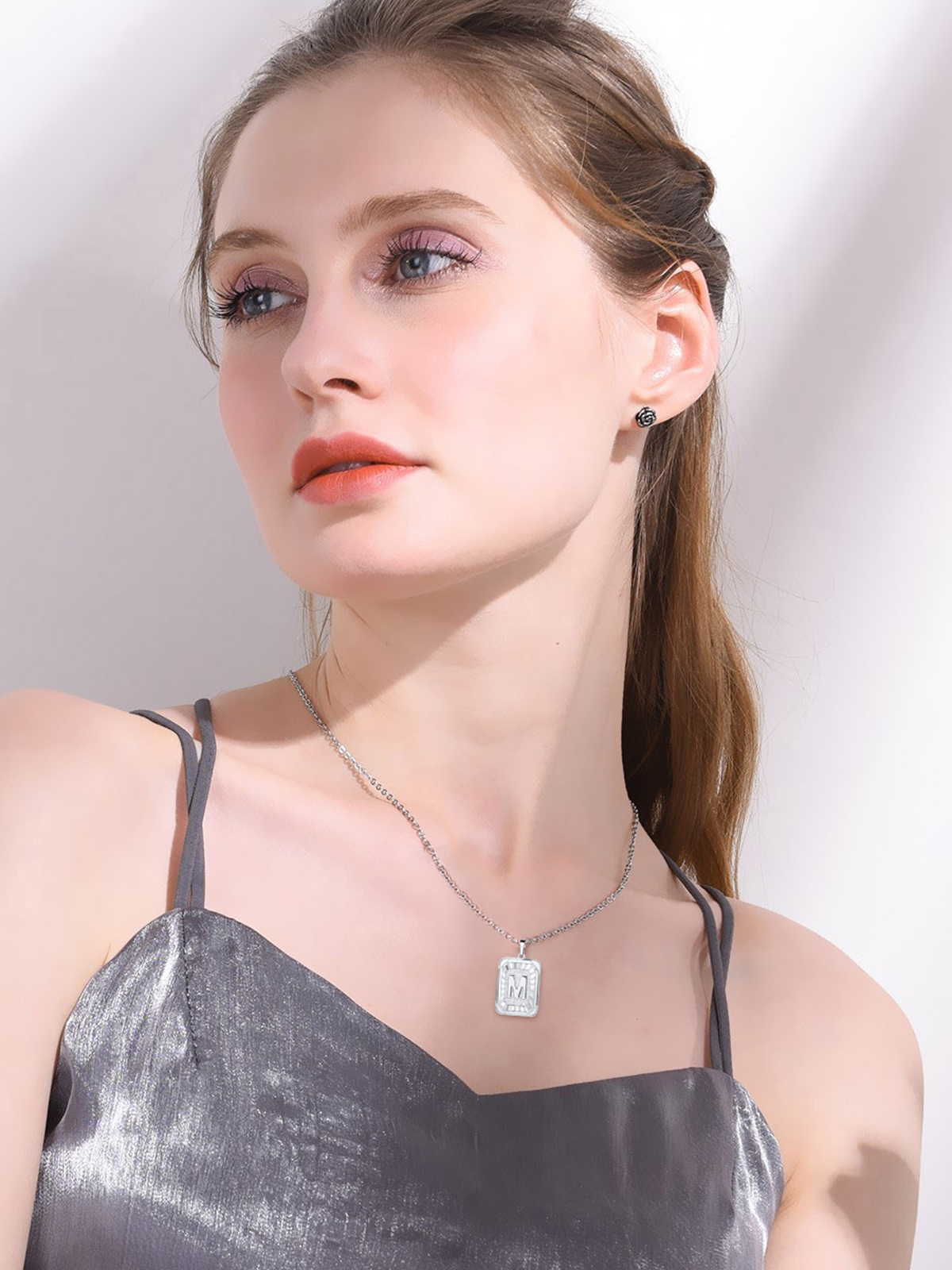 Square Initial M Pendant Monogram Necklace in Platinum