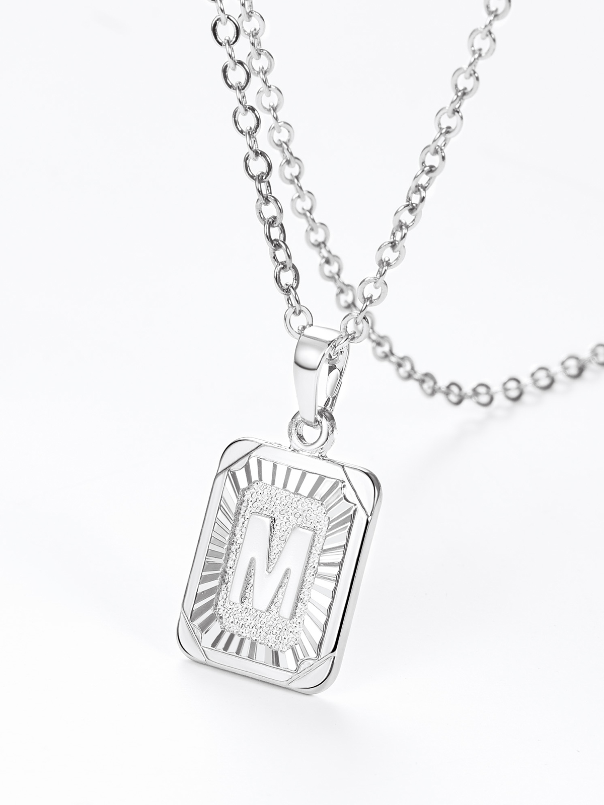 Square Initial M Pendant Monogram Necklace in Platinum