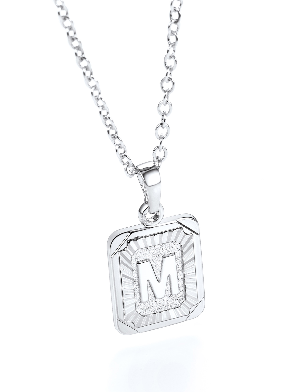 Square Initial M Pendant Monogram Necklace in Platinum
