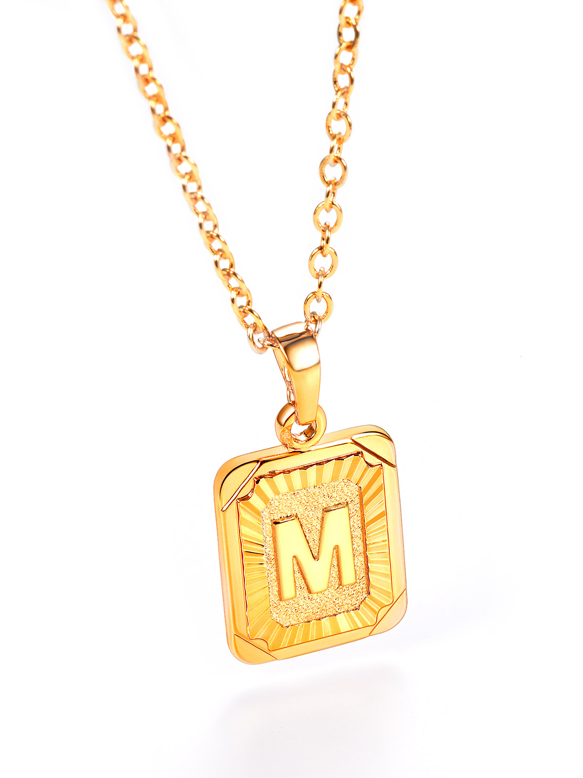 Square Initial M Pendant Monogram Necklace in 18K Gold