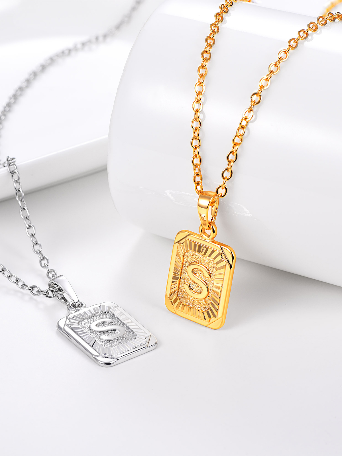 Square Initial S Pendant Monogram Necklace in 18K Gold