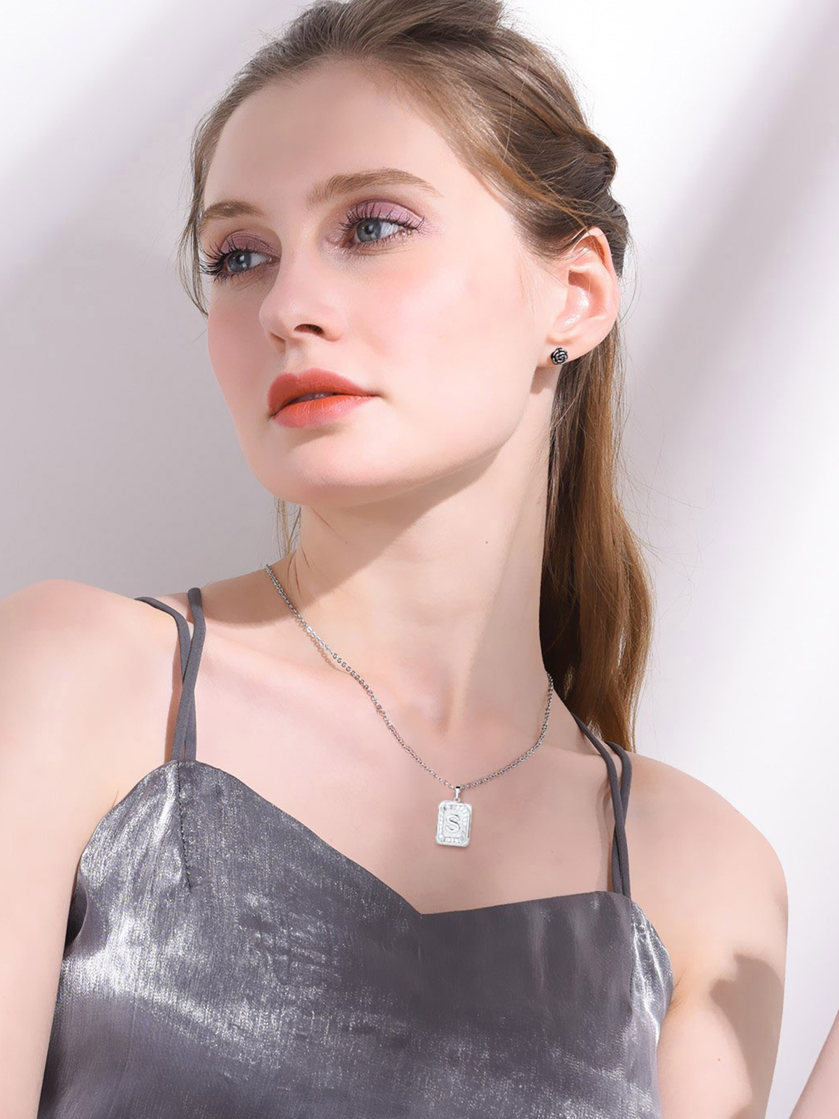 Square Initial S Pendant Monogram Necklace in Platinum