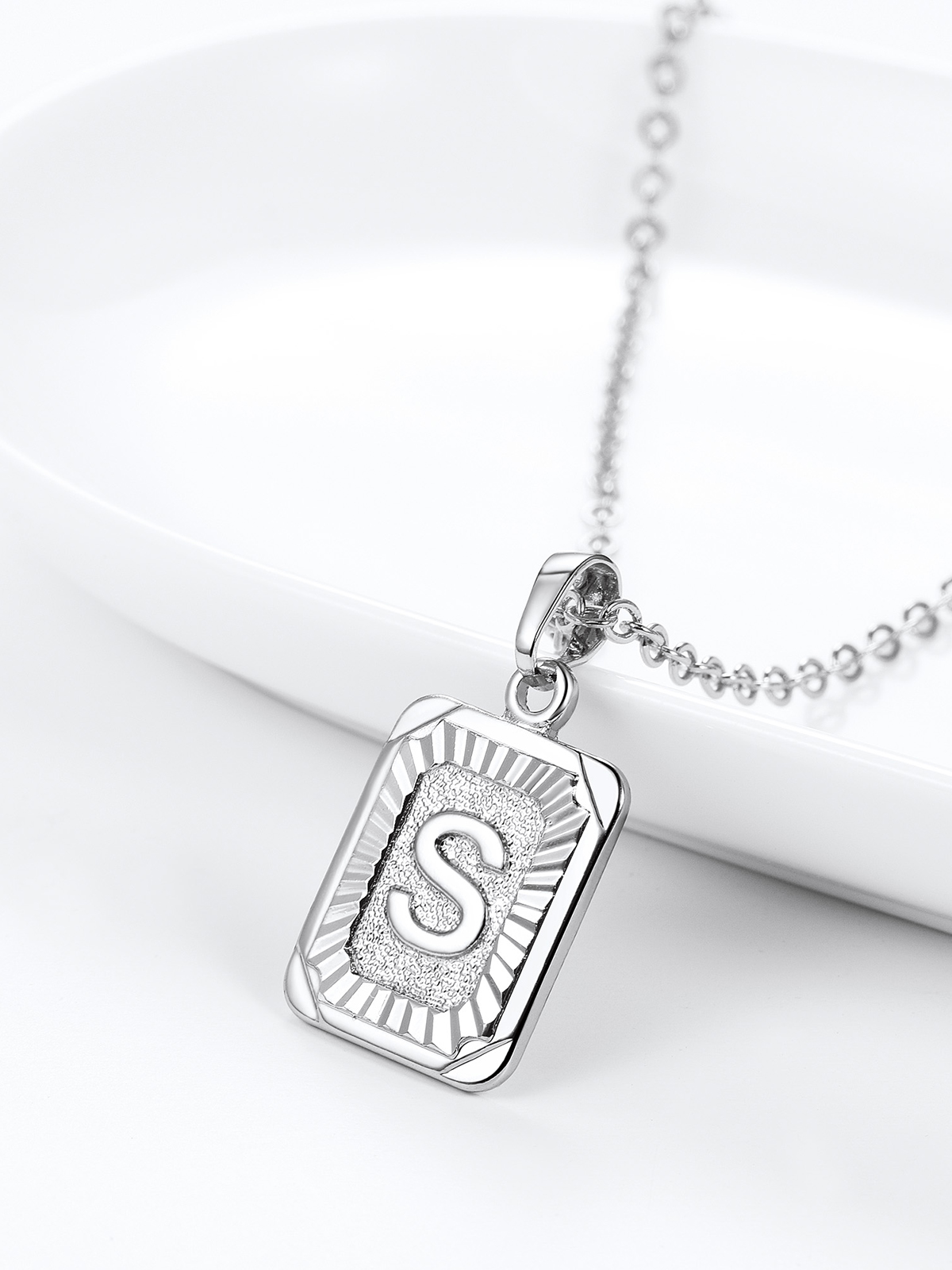 Square Initial S Pendant Monogram Necklace in Platinum