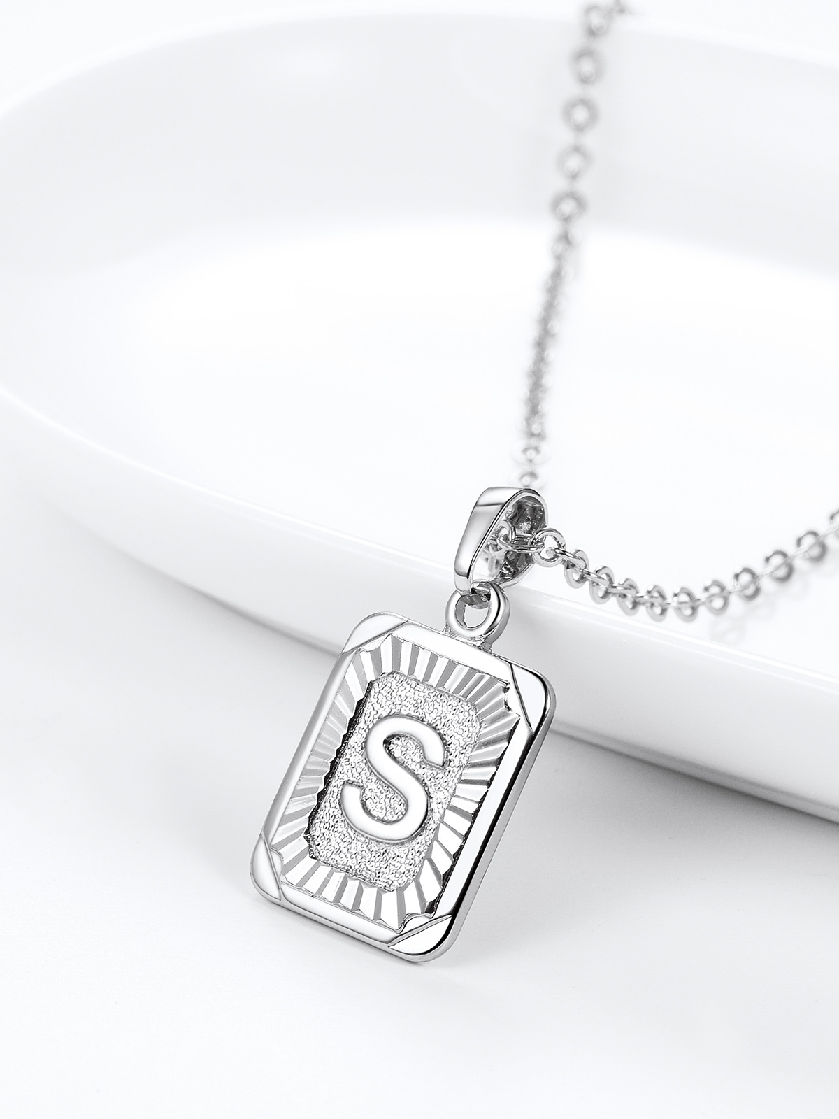 Square Initial S Pendant Monogram Necklace in Platinum