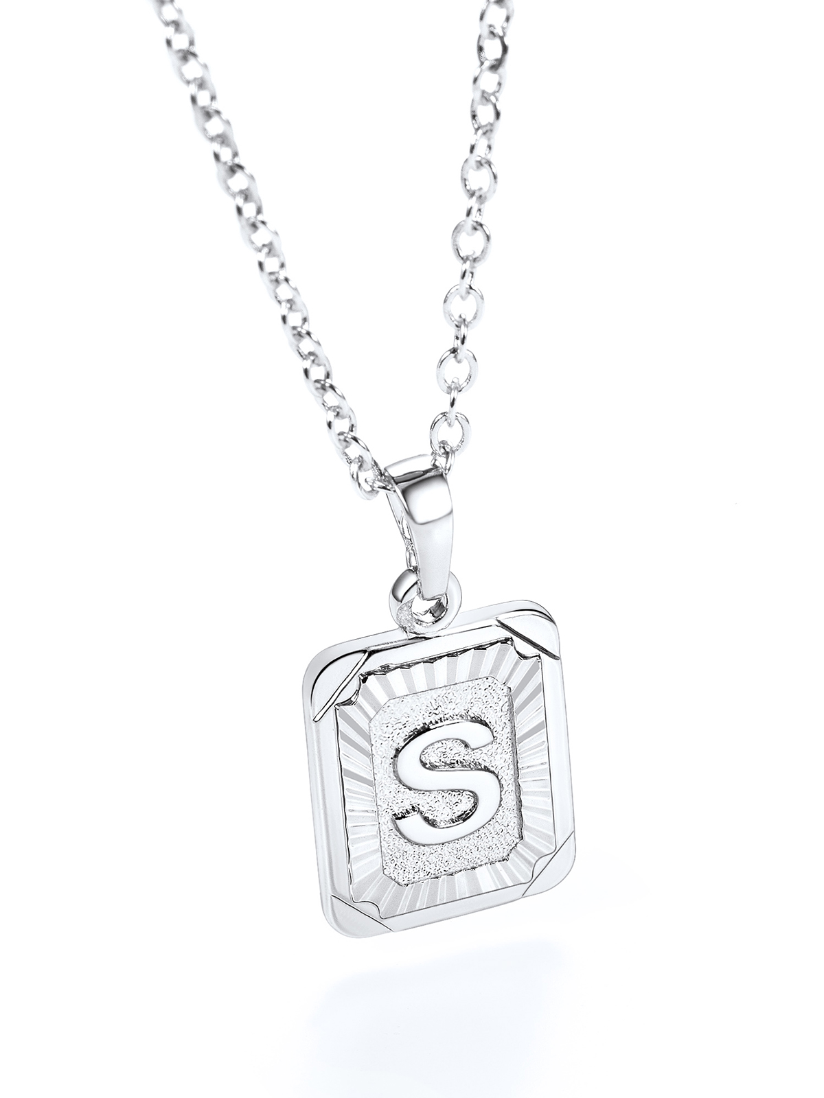 Square Initial S Pendant Monogram Necklace in Platinum