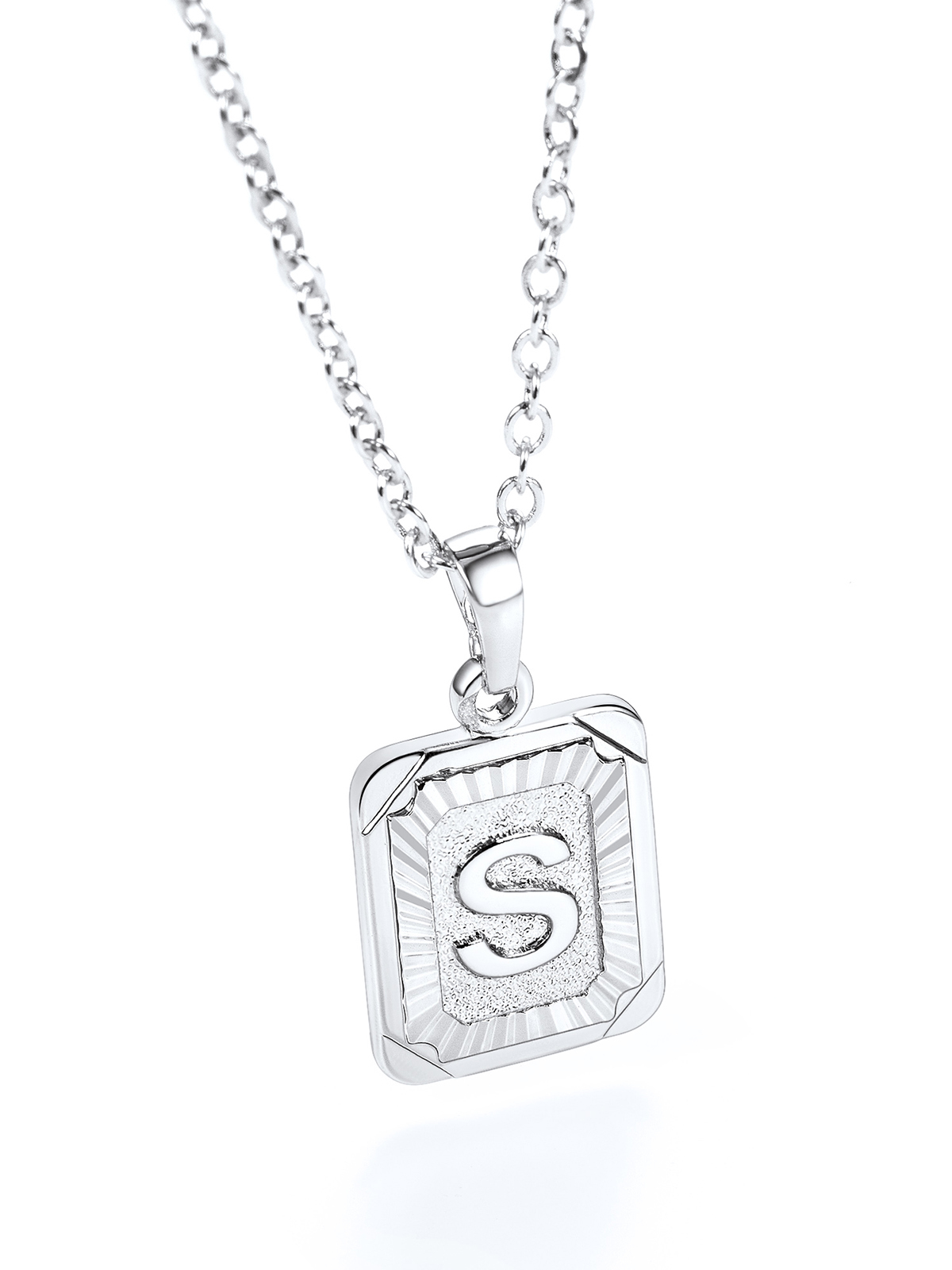 Square Initial S Pendant Monogram Necklace in Platinum