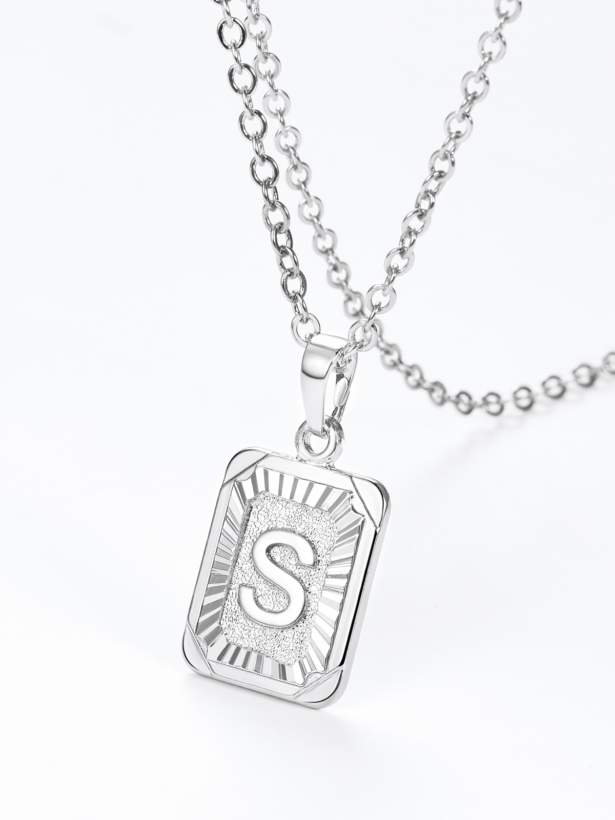 Square Initial S Pendant Monogram Necklace in Platinum