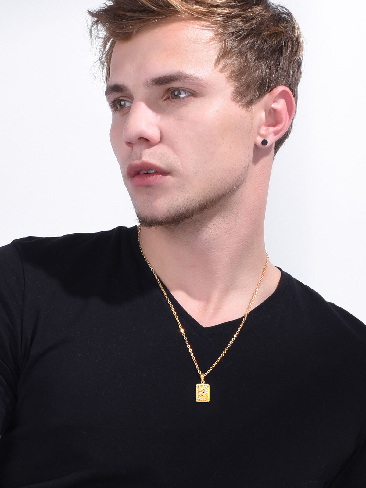 Square Initial S Pendant Monogram Necklace in 18K Gold