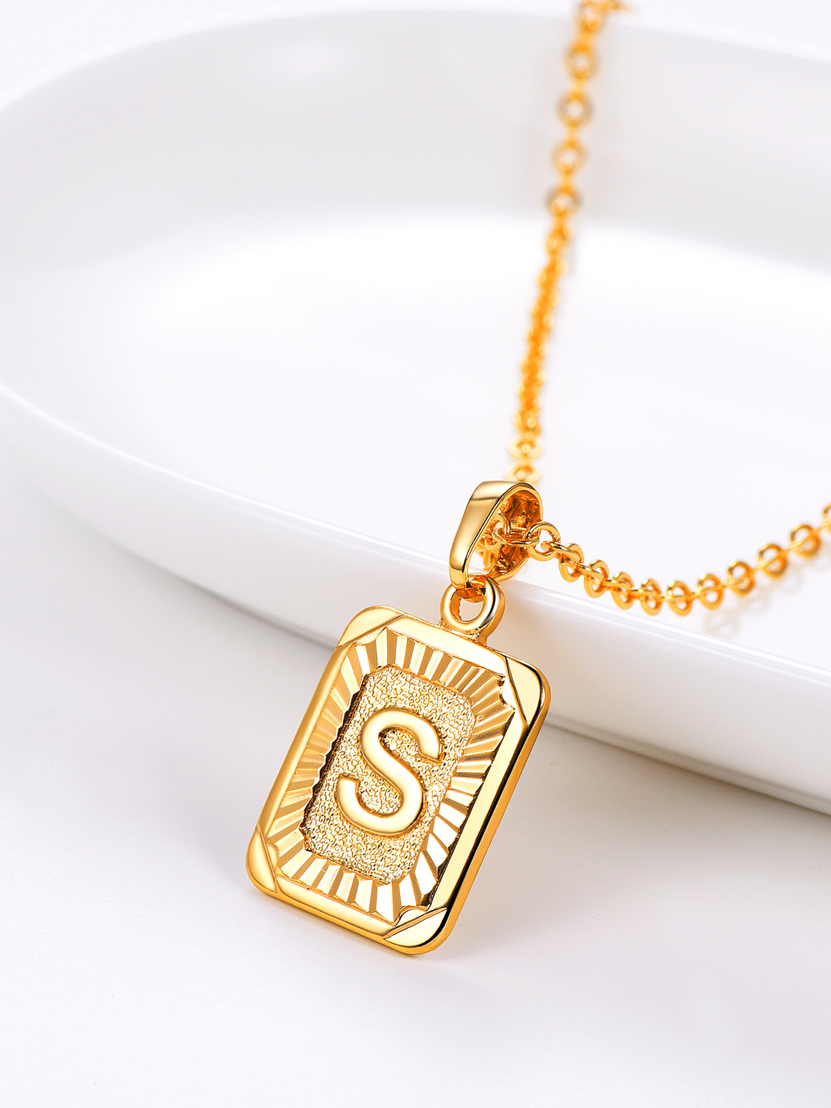 Square Initial S Pendant Monogram Necklace in 18K Gold