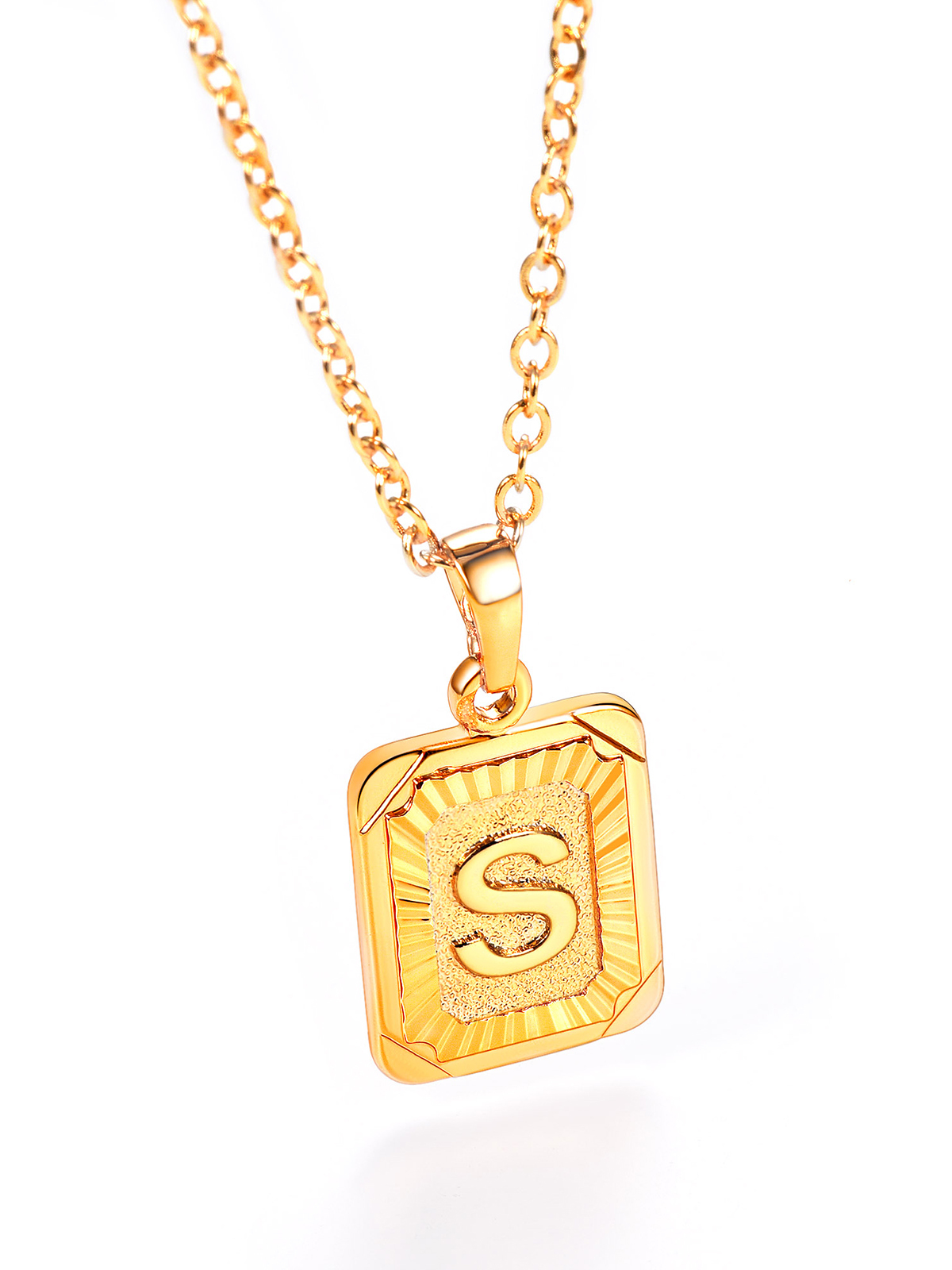 Square Initial S Pendant Monogram Necklace in 18K Gold