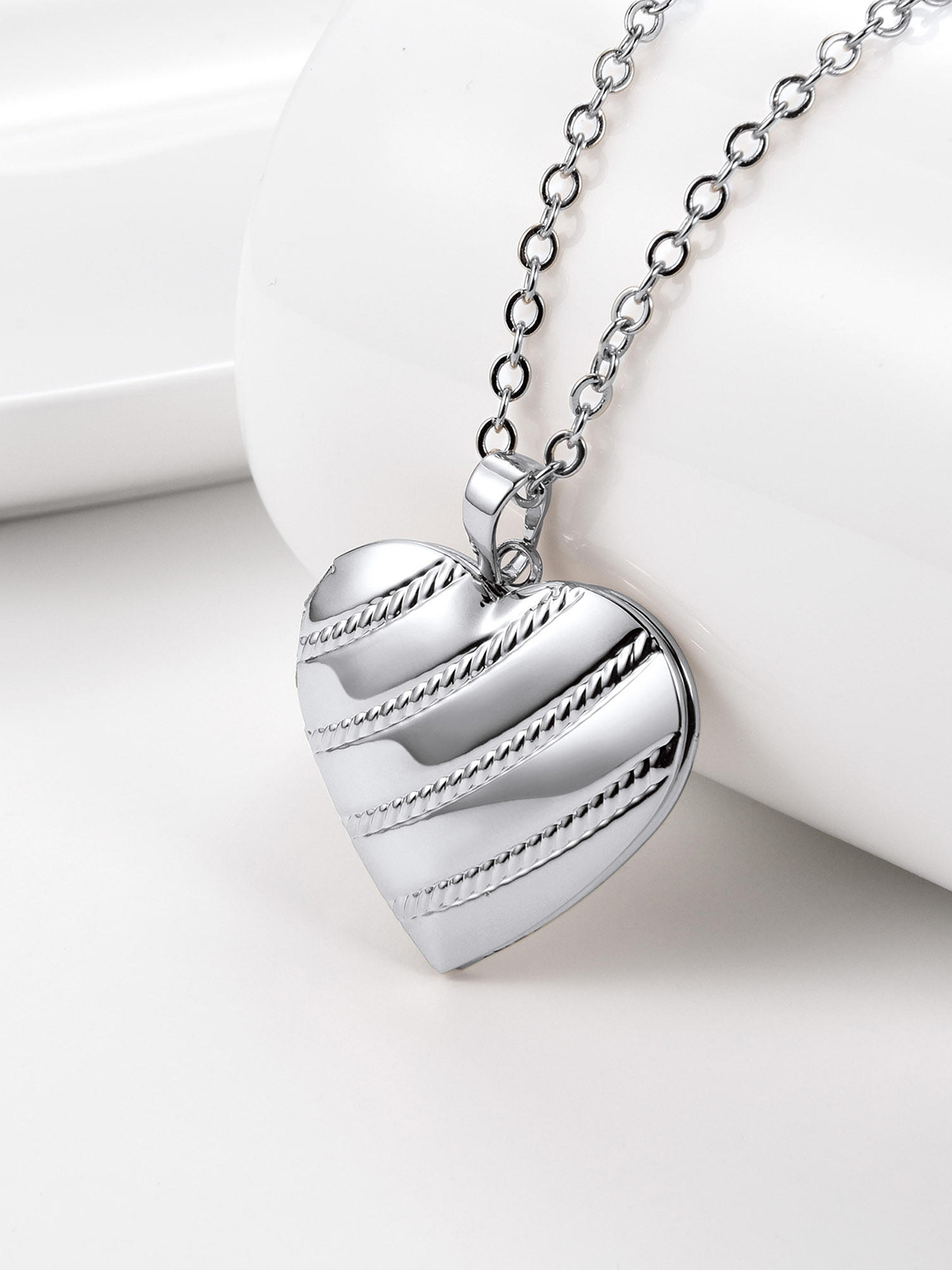 Photo Locket Pendant Heart Stripe Necklace in Platinum Plated