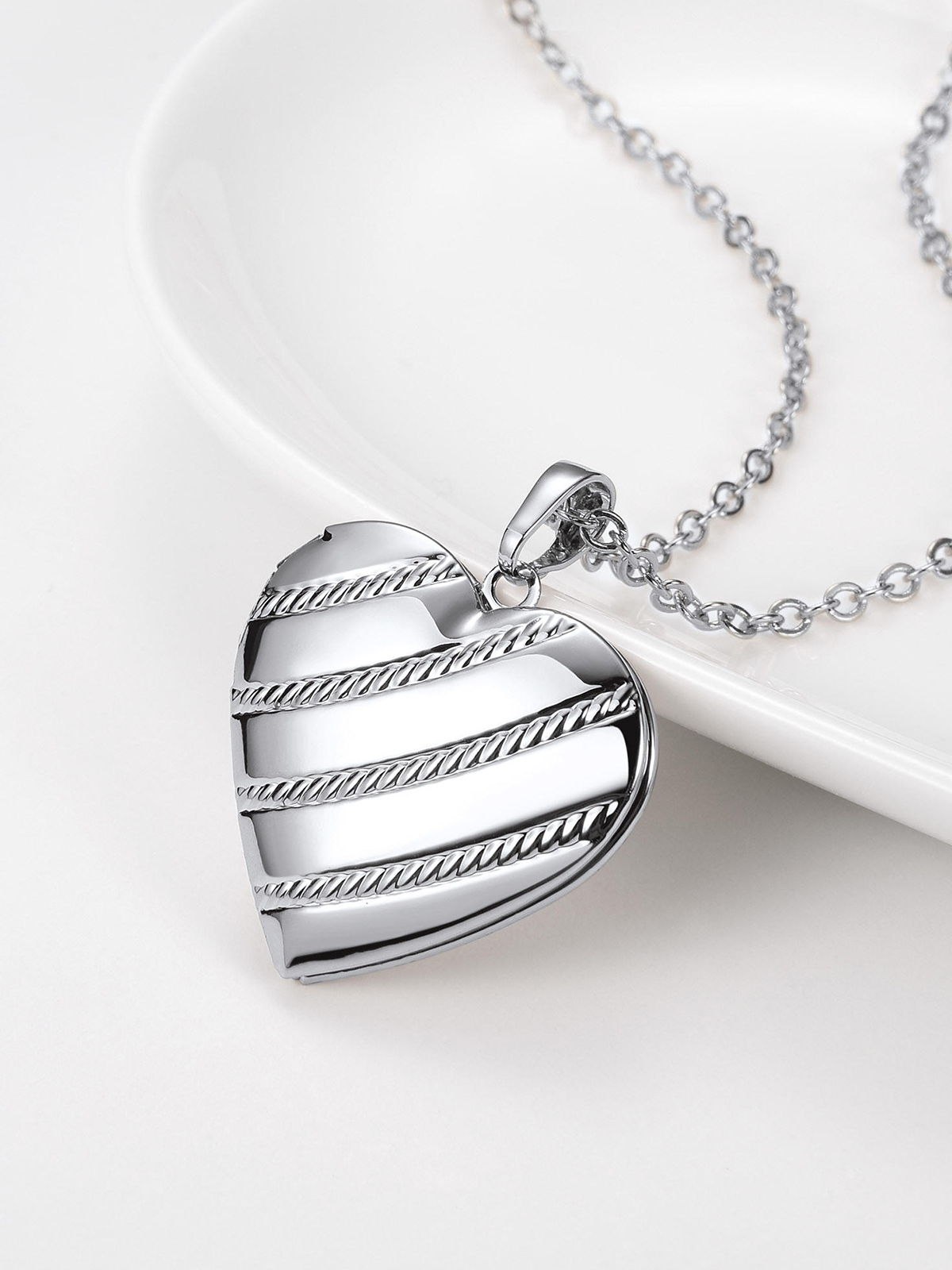 Photo Locket Pendant Heart Stripe Necklace in Platinum Plated