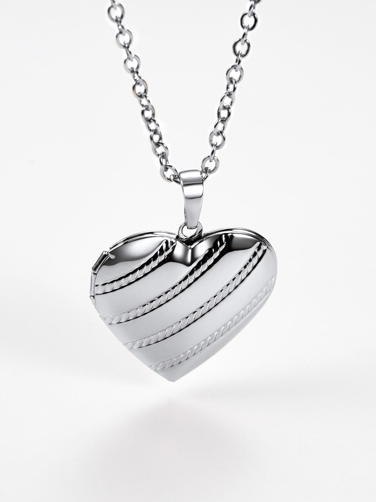 Photo Locket Pendant Heart Stripe Necklace in Platinum Plated