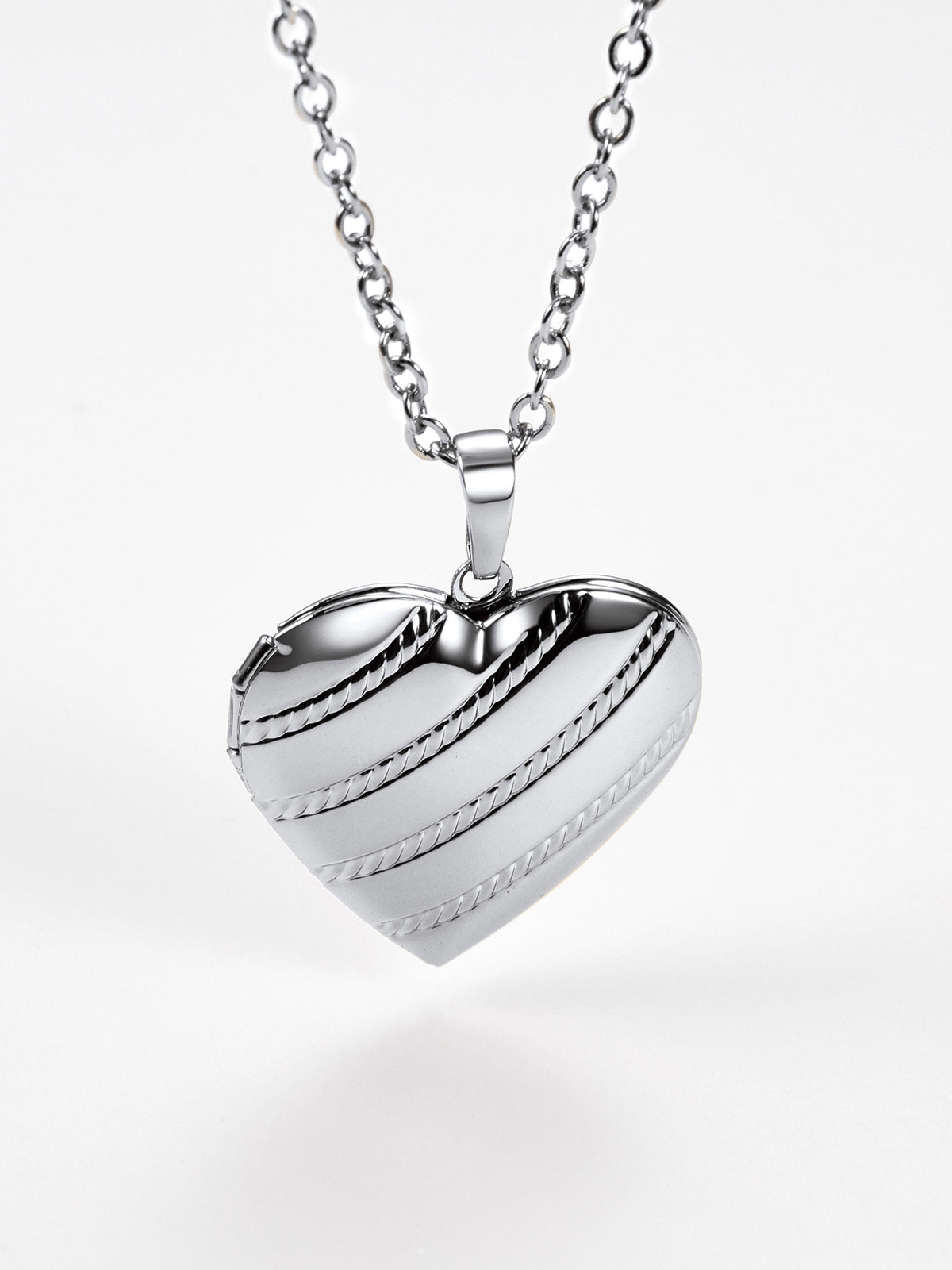 Photo Locket Pendant Heart Stripe Necklace in Platinum Plated
