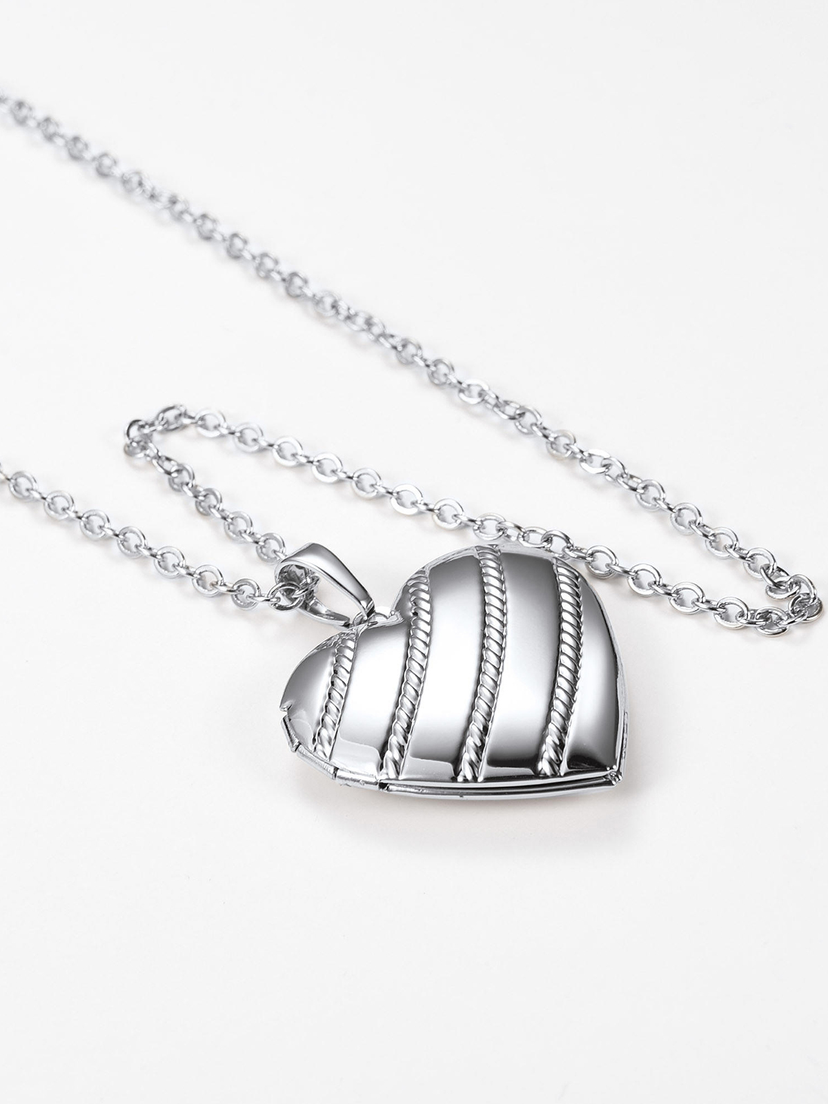 Photo Locket Pendant Heart Stripe Necklace in Platinum Plated