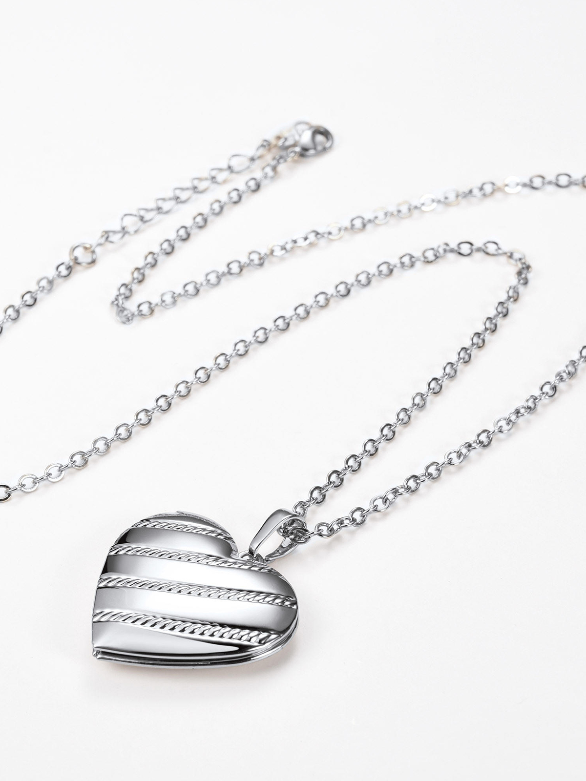 Photo Locket Pendant Heart Stripe Necklace in Platinum Plated