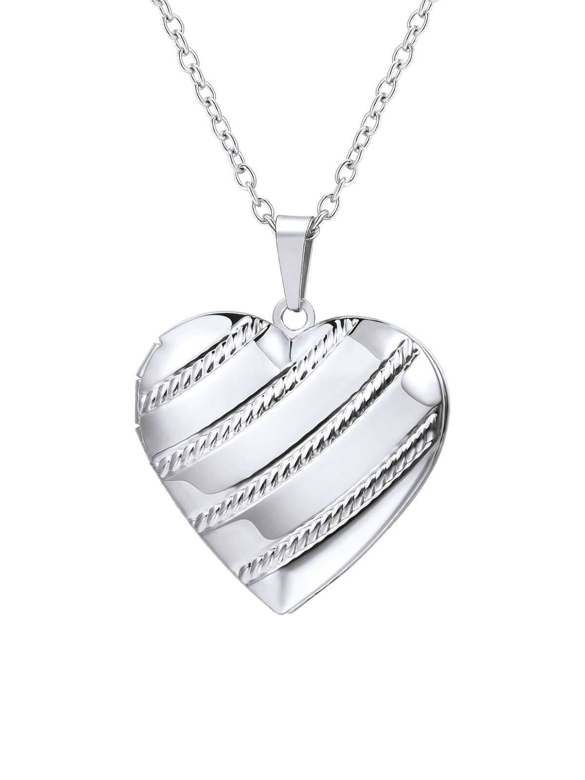 Photo Locket Pendant Heart Stripe Necklace in Platinum Plated