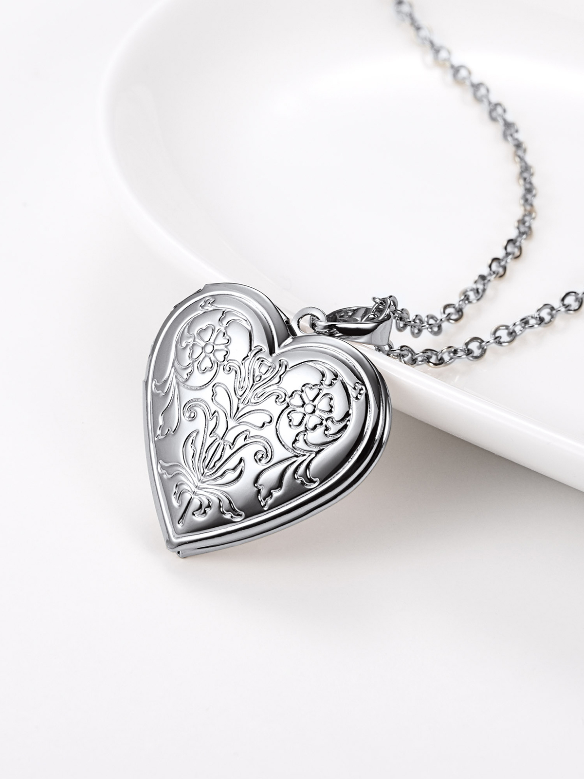 Flower Heart Necklace Photo Locket Pendant in Platinum