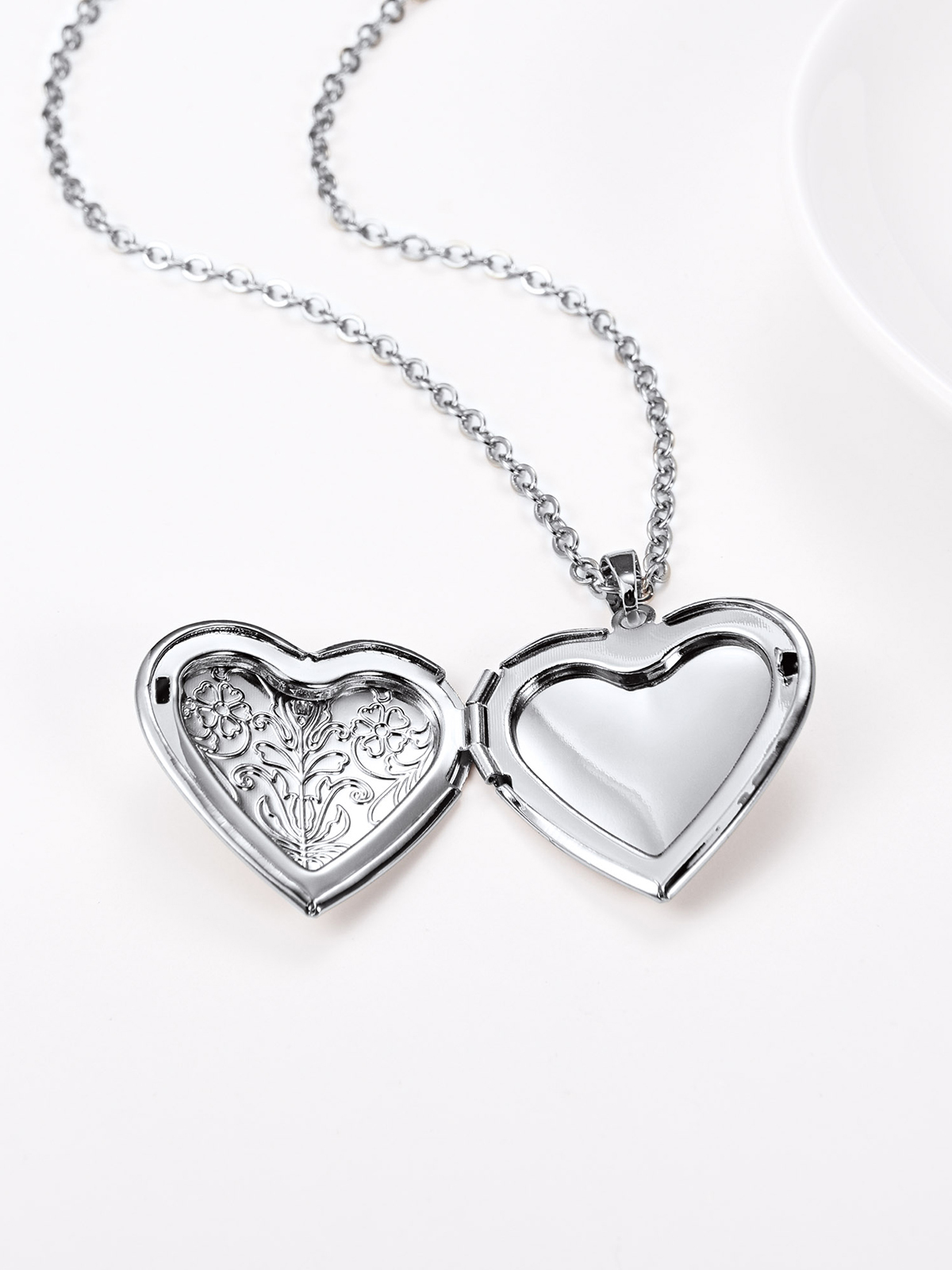 Flower Heart Necklace Photo Locket Pendant in Platinum