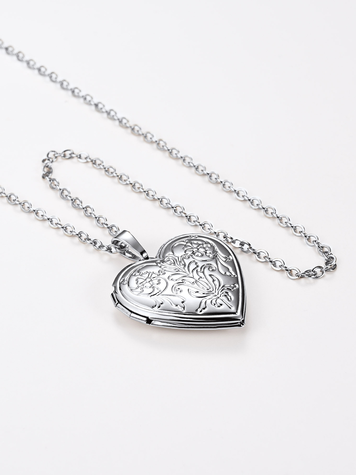 Flower Heart Necklace Photo Locket Pendant in Platinum