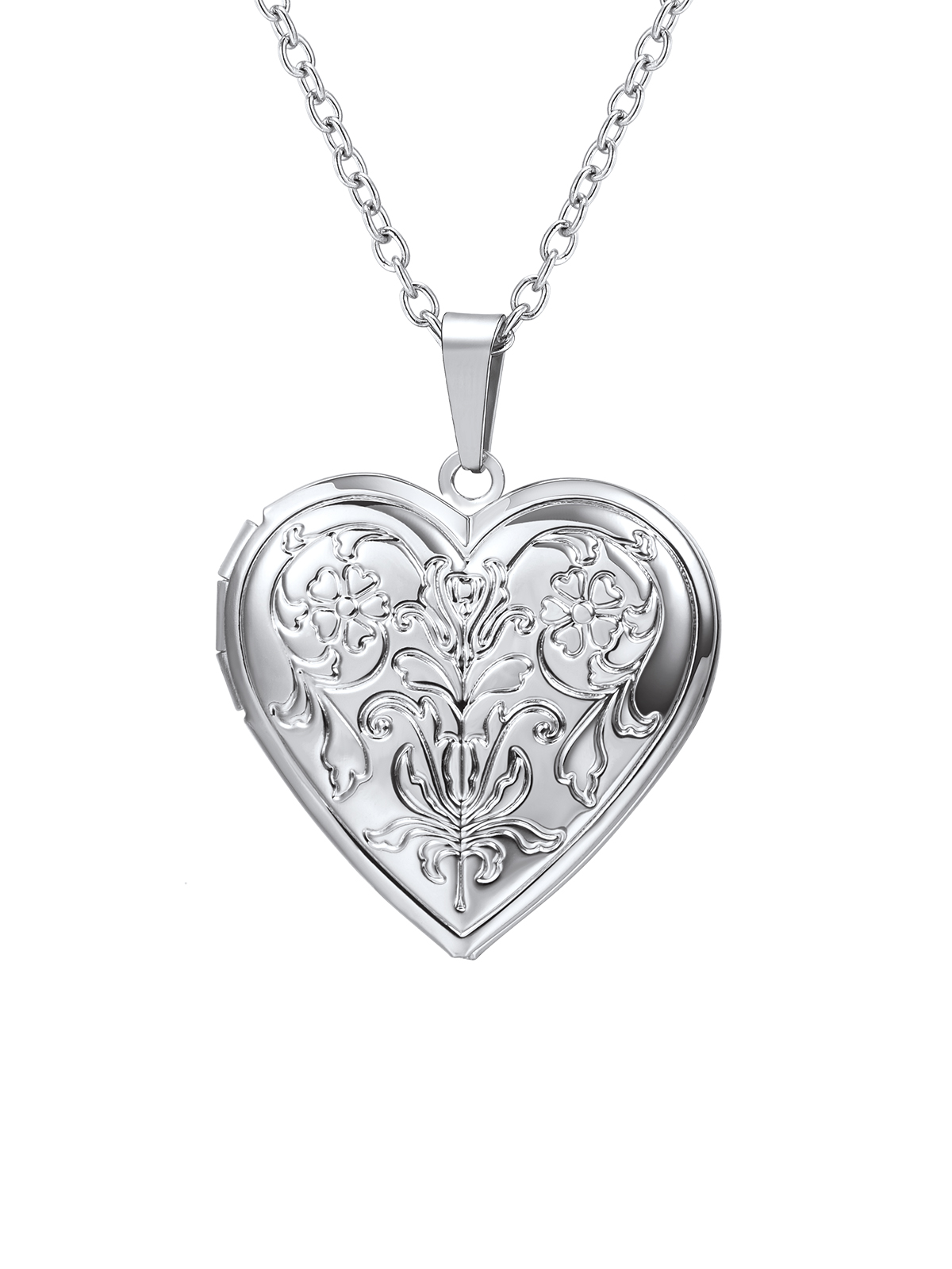 Flower Heart Necklace Photo Locket Pendant in Platinum