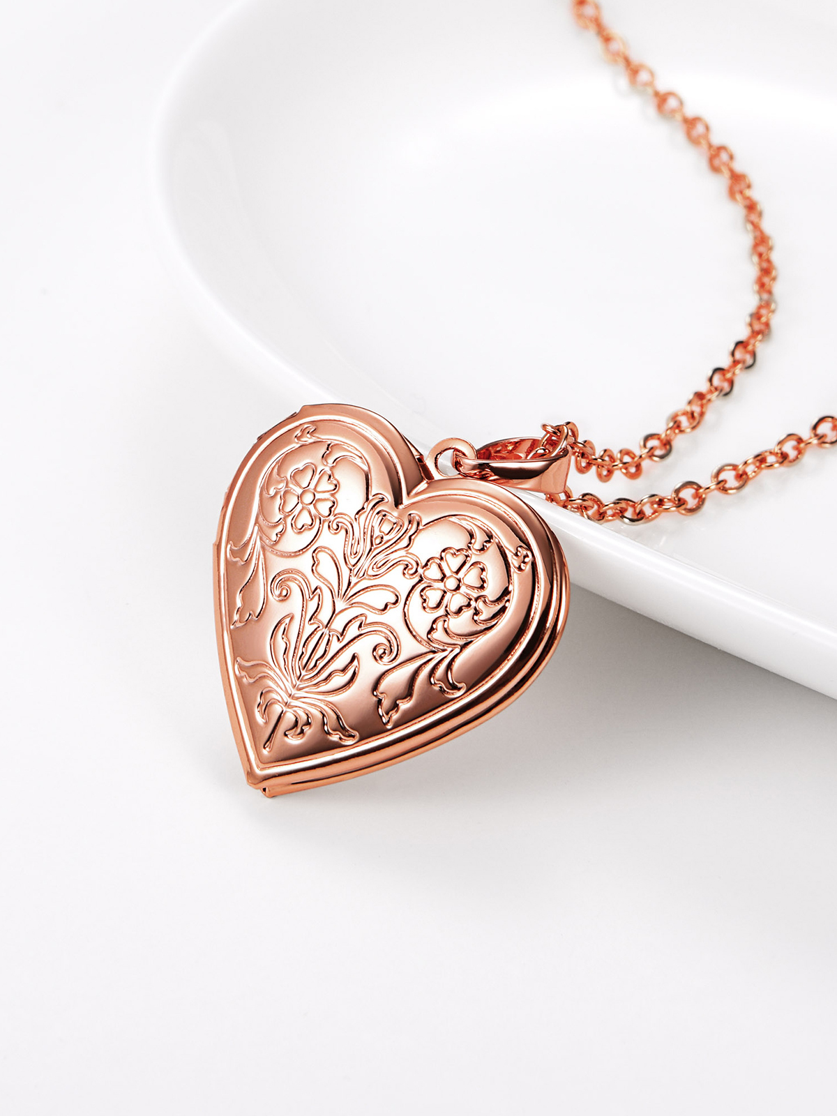 Flower Heart Necklace Photo Locket Pendant in Rose Gold
