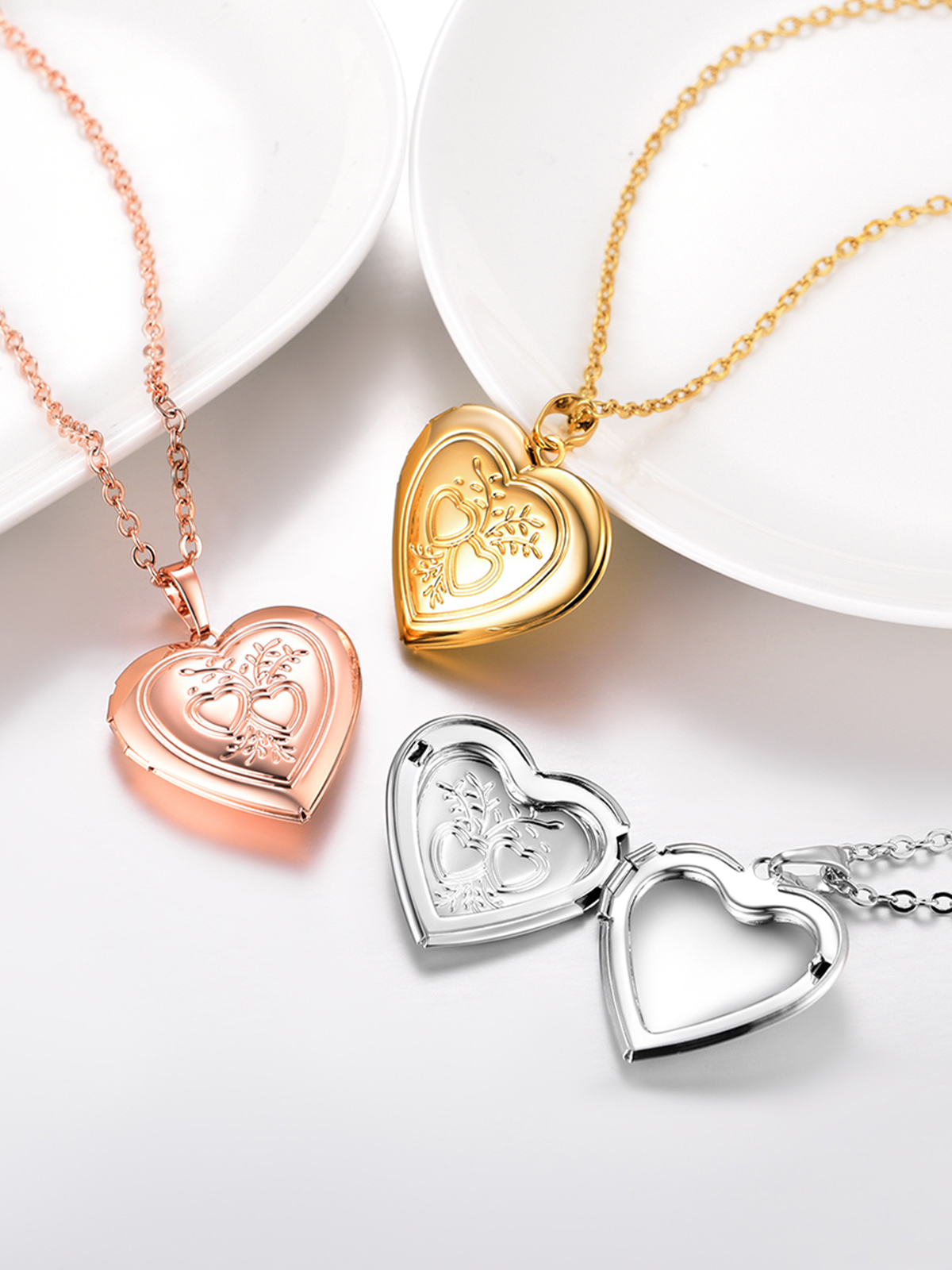 Heart & Heart Necklace Photo Locket Pendant in 14K Gold Plated