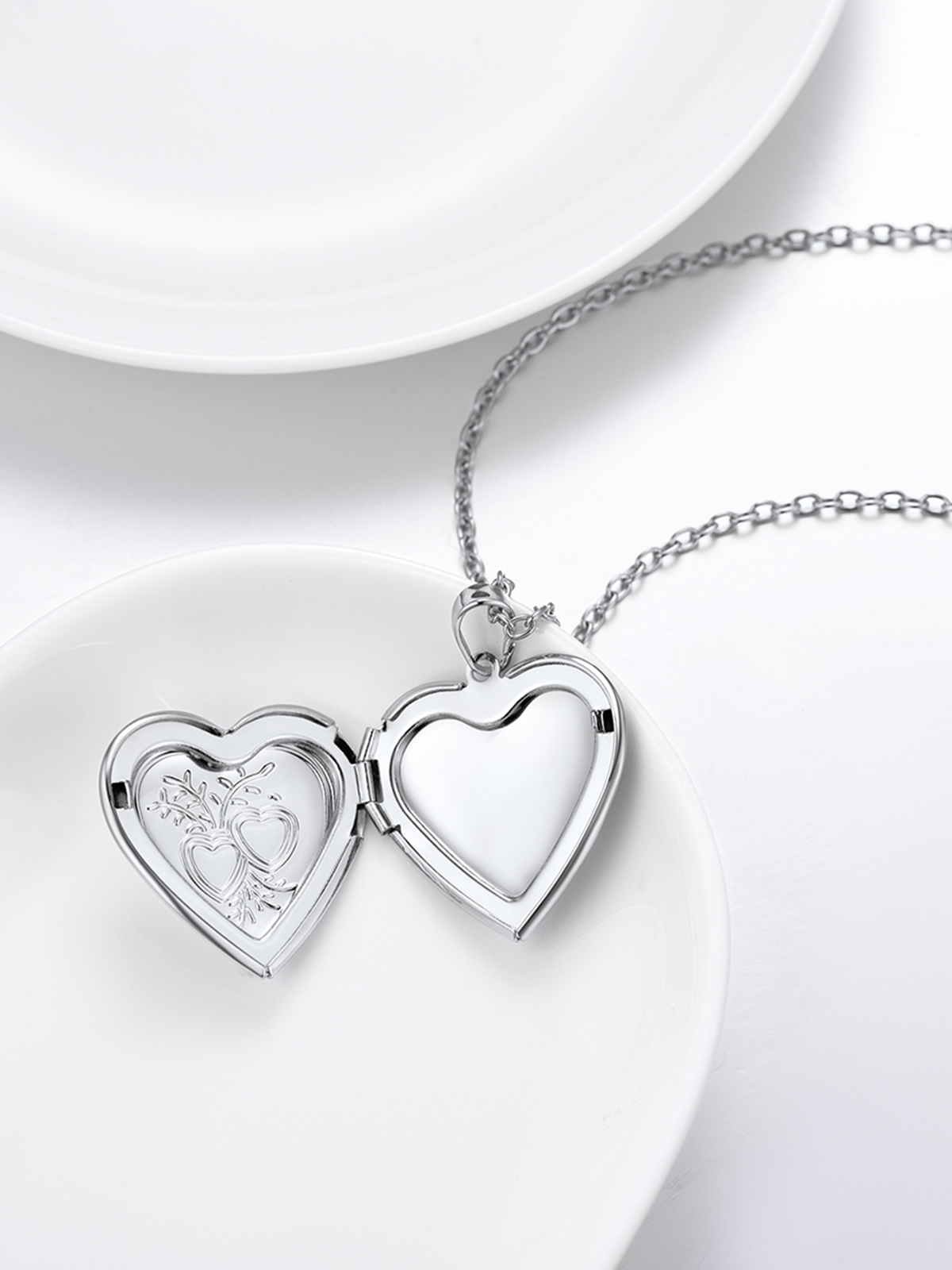 Heart & Heart Necklace Photo Locket Pendant in Platinum Plated