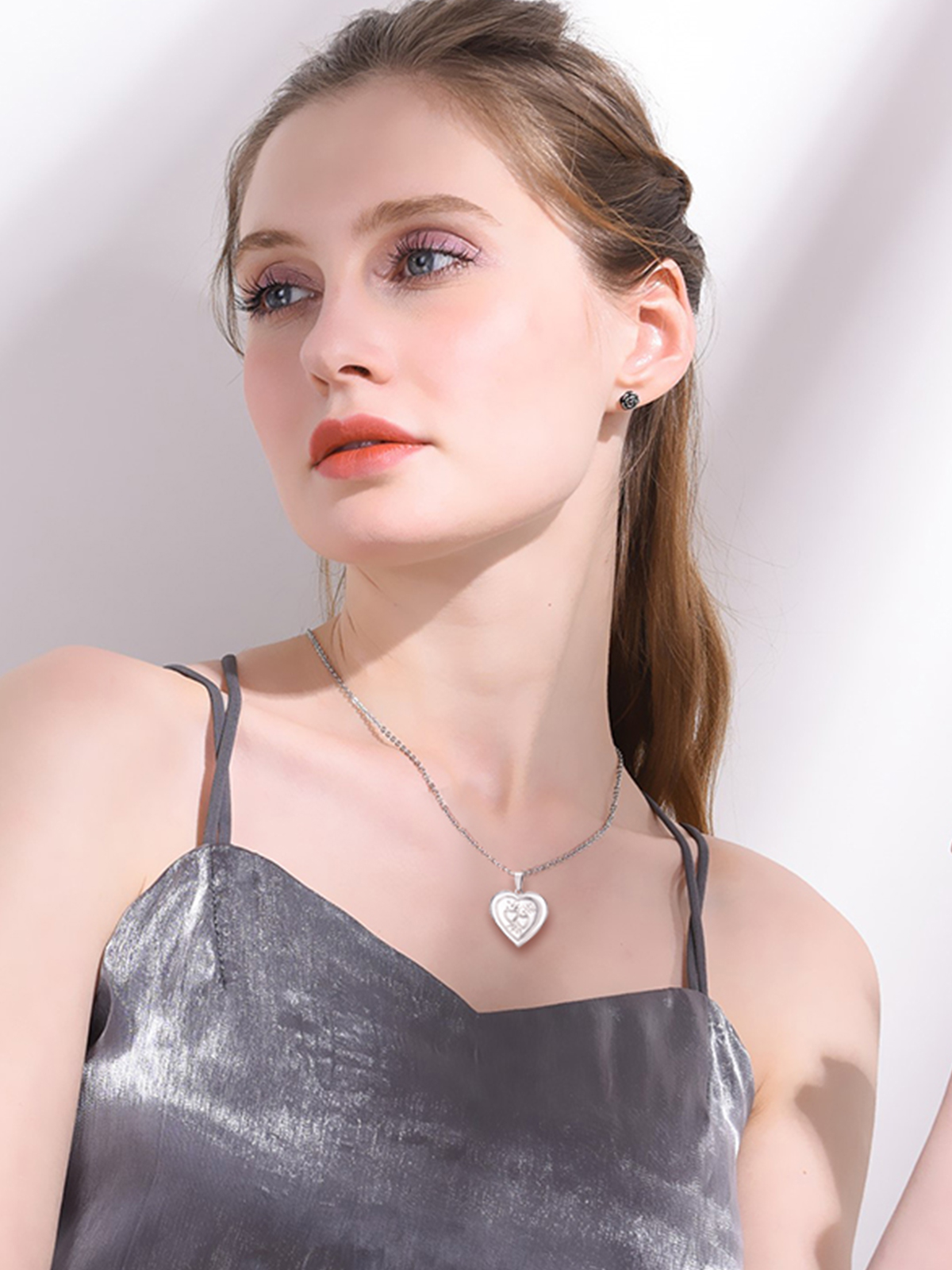 Heart & Heart Necklace Photo Locket Pendant in Platinum Plated