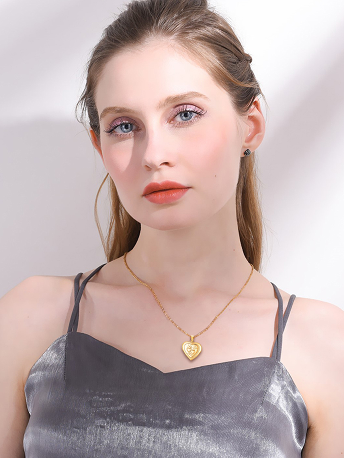 Heart & Heart Necklace Photo Locket Pendant in 14K Gold Plated