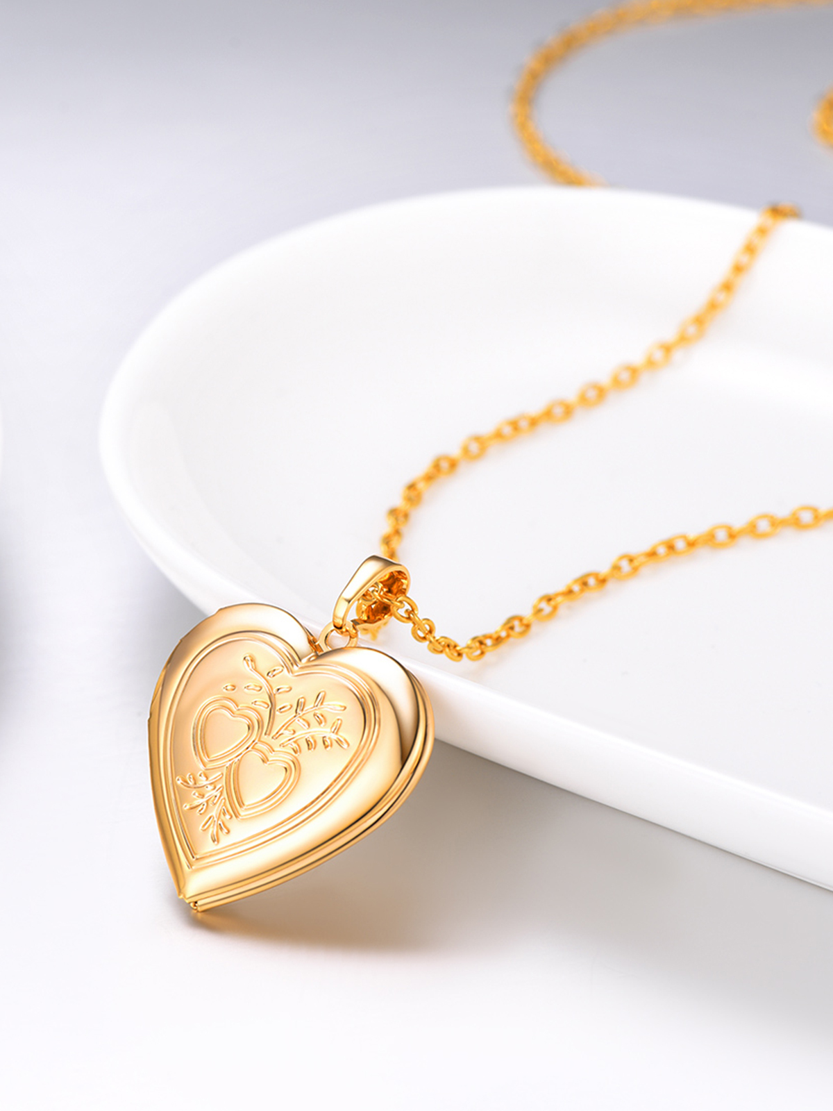 Heart & Heart Necklace Photo Locket Pendant in 14K Gold Plated