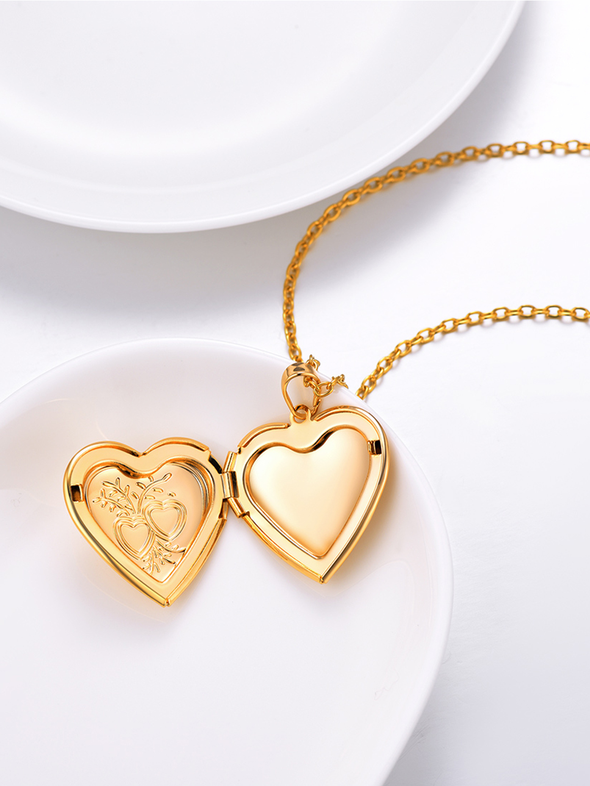 Heart & Heart Necklace Photo Locket Pendant in 14K Gold Plated