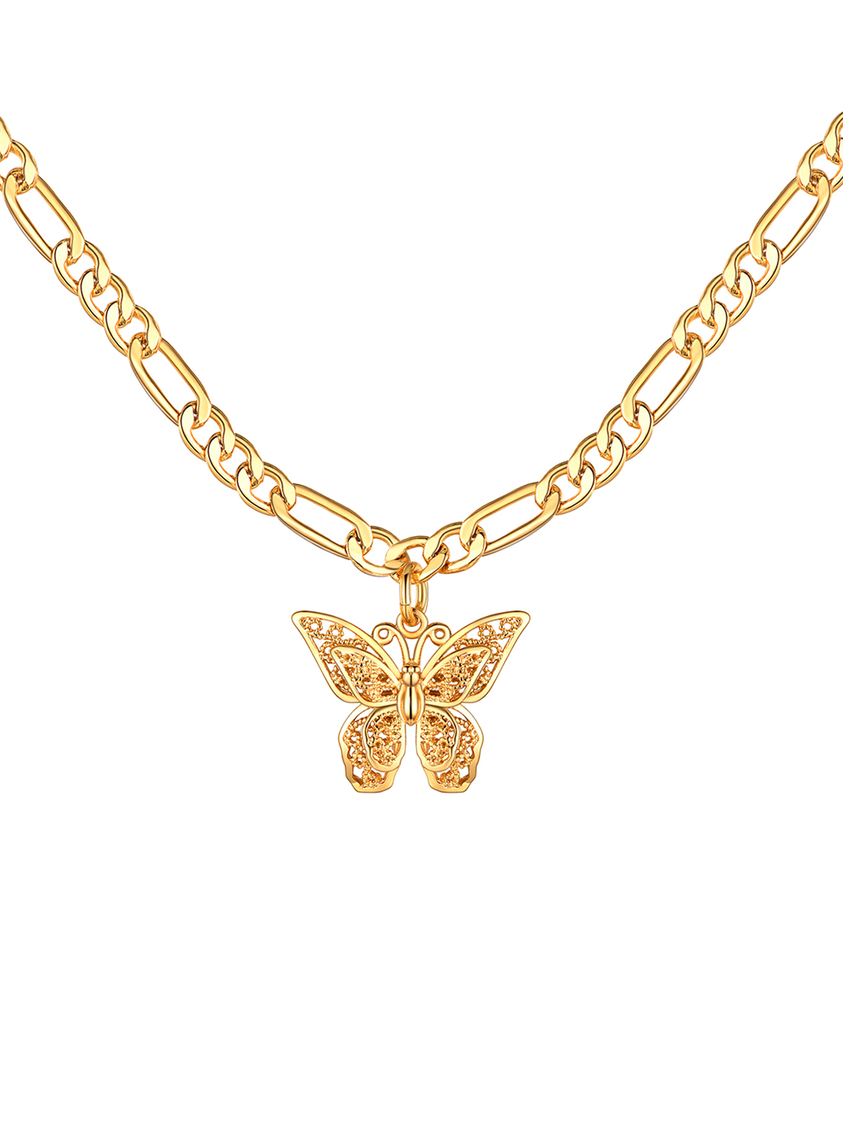 Butterfly Pendant Figaro Chain Necklace in 18K Gold