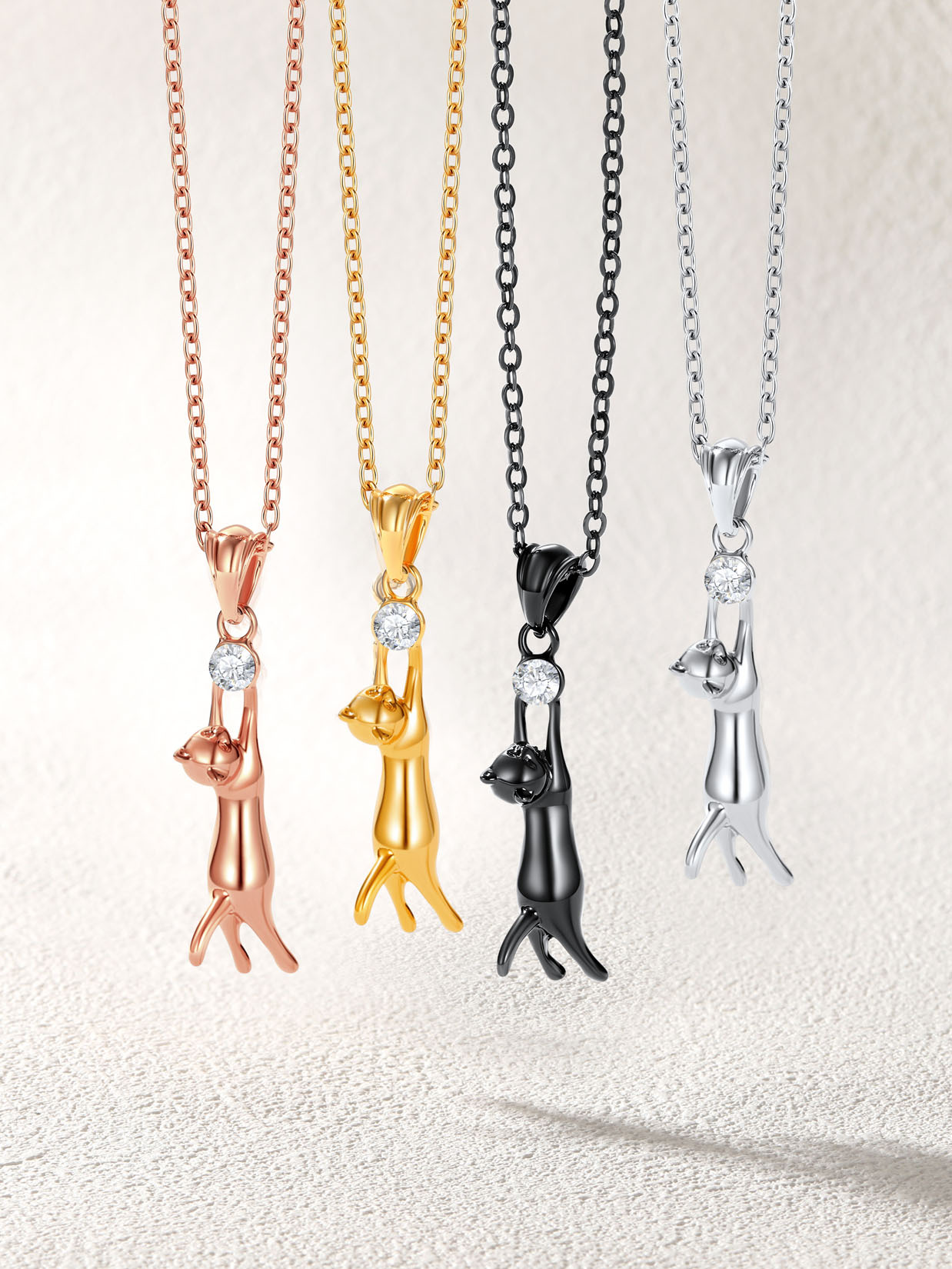 Cute Cat Pendant Animal Necklace with Rhinestone in Black