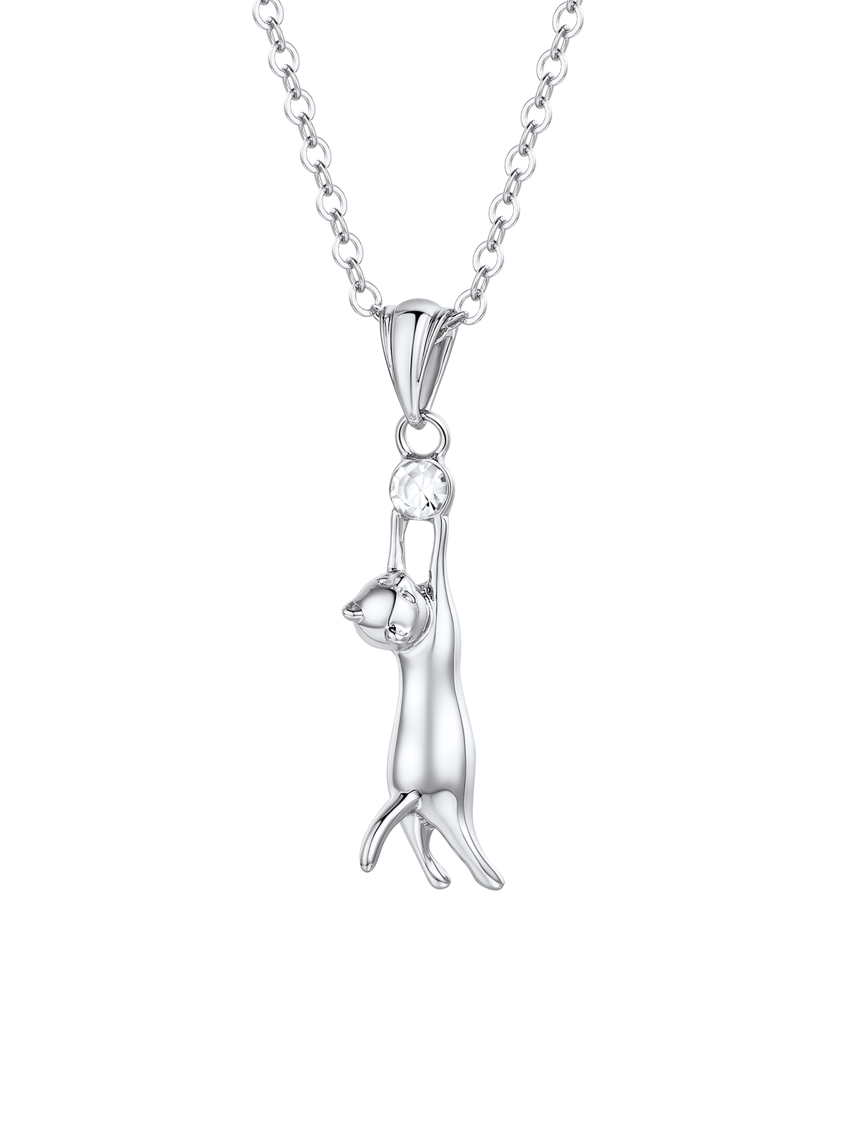 Cute Cat Pendant Animal Necklace with Rhinestone in Platinum