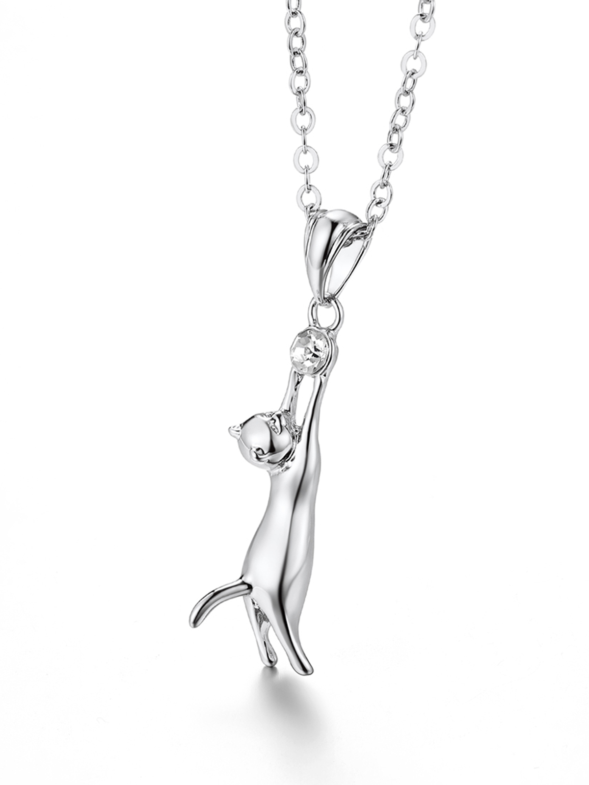 Cute Cat Pendant Animal Necklace with Rhinestone in Platinum