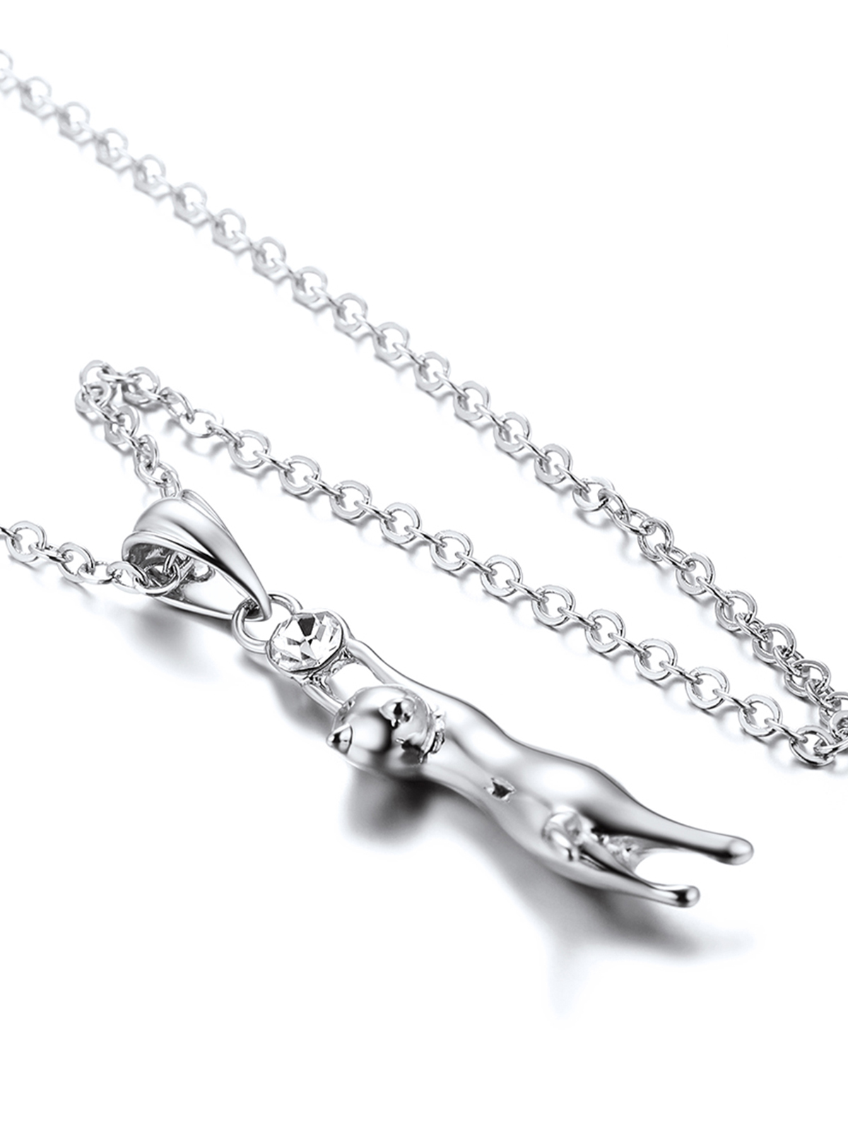 Cute Cat Pendant Animal Necklace with Rhinestone in Platinum