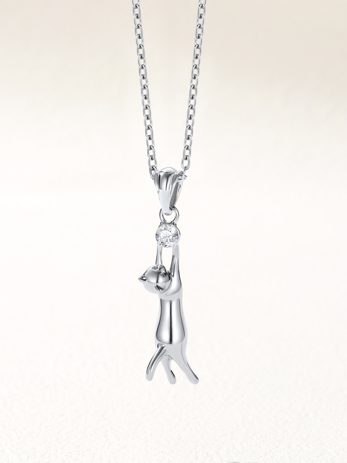 Cute Cat Pendant Animal Necklace with Rhinestone in Platinum