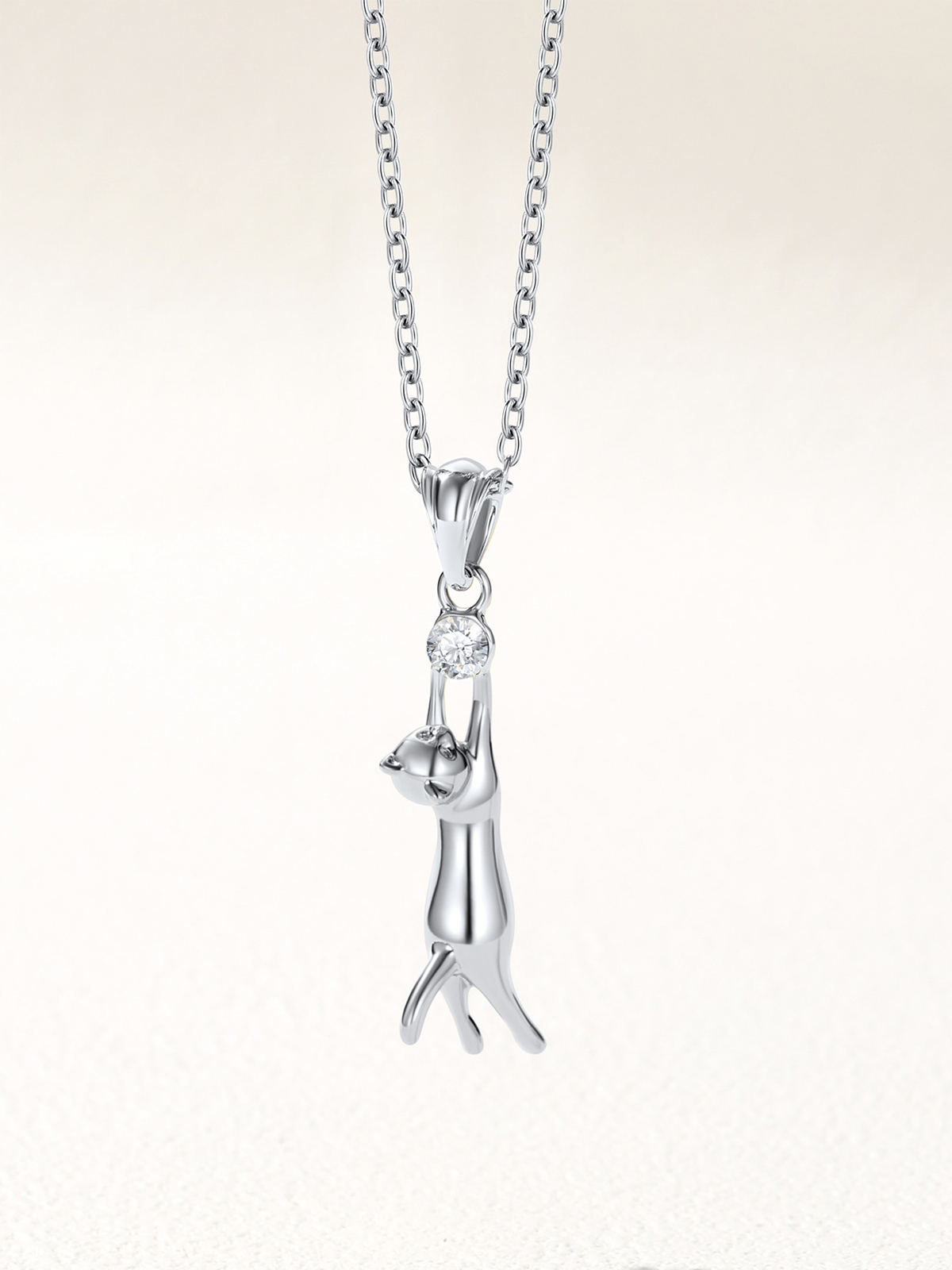 Cute Cat Pendant Animal Necklace with Rhinestone in Platinum