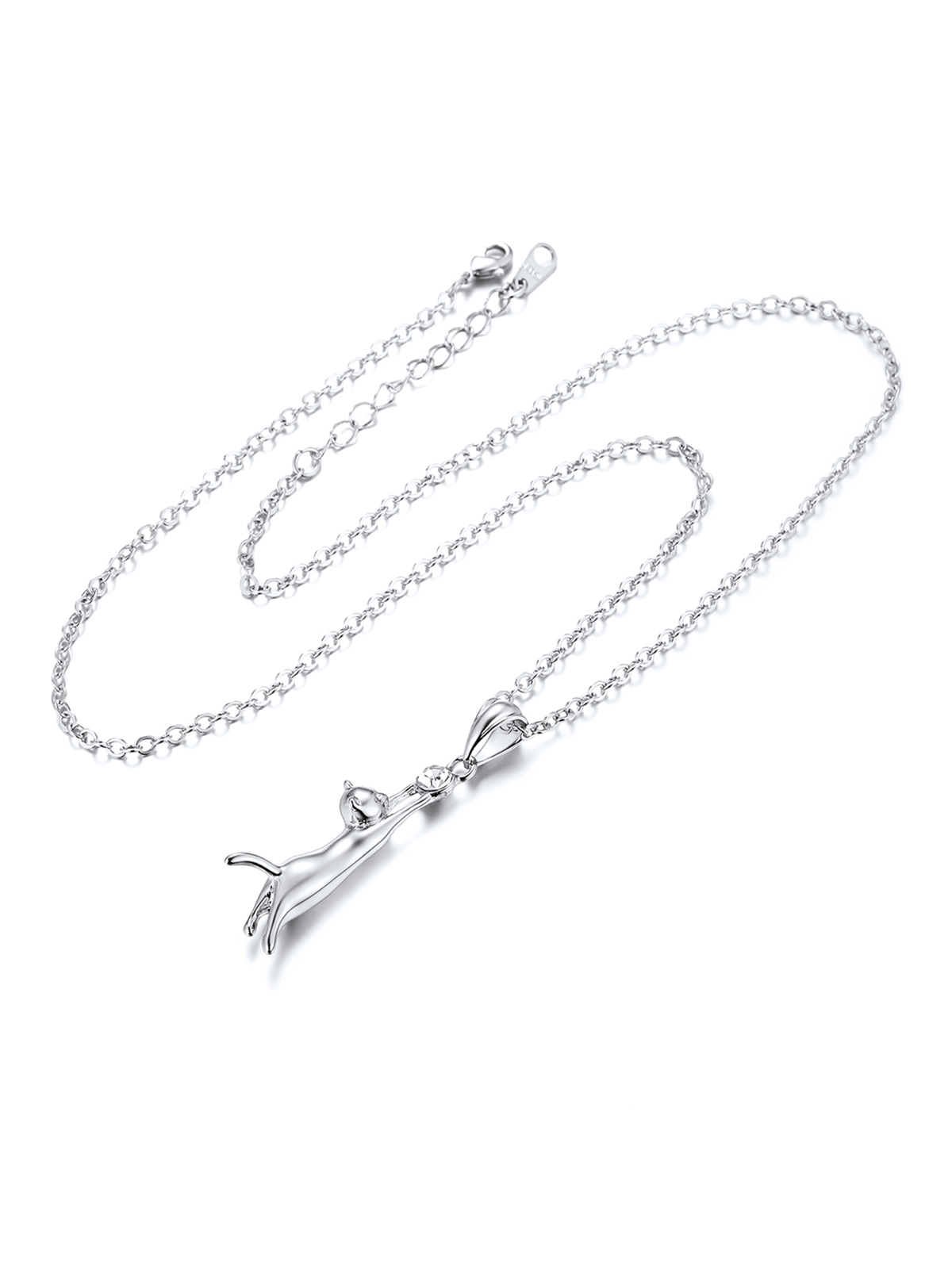 Cute Cat Pendant Animal Necklace with Rhinestone in Platinum
