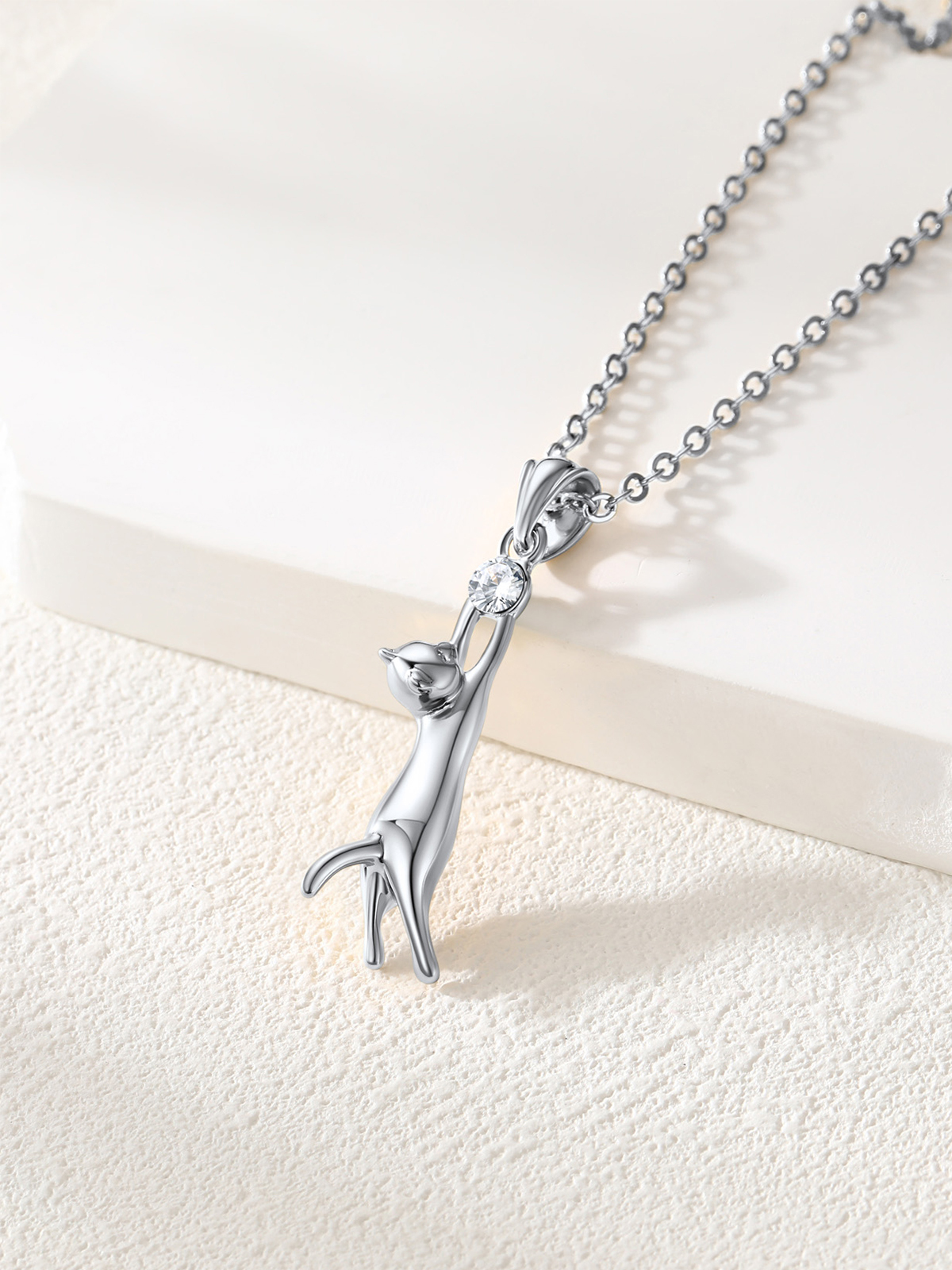 Cute Cat Pendant Animal Necklace with Rhinestone in Platinum