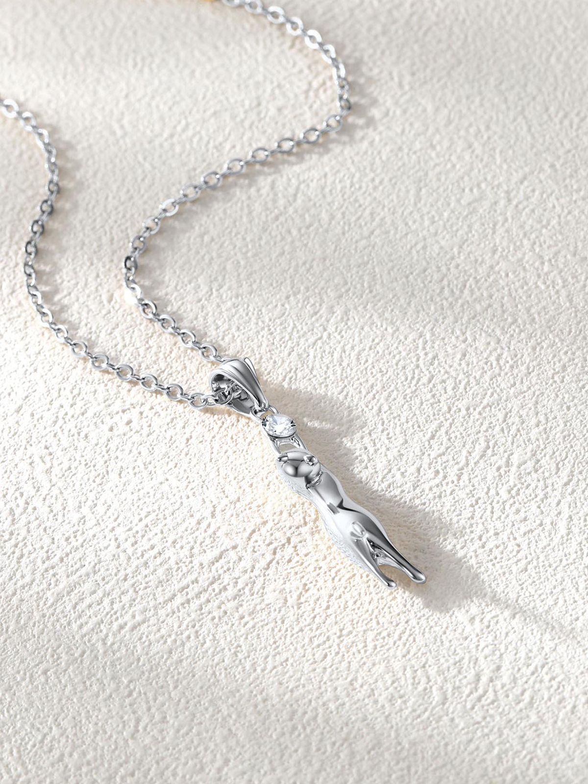 Cute Cat Pendant Animal Necklace with Rhinestone in Platinum