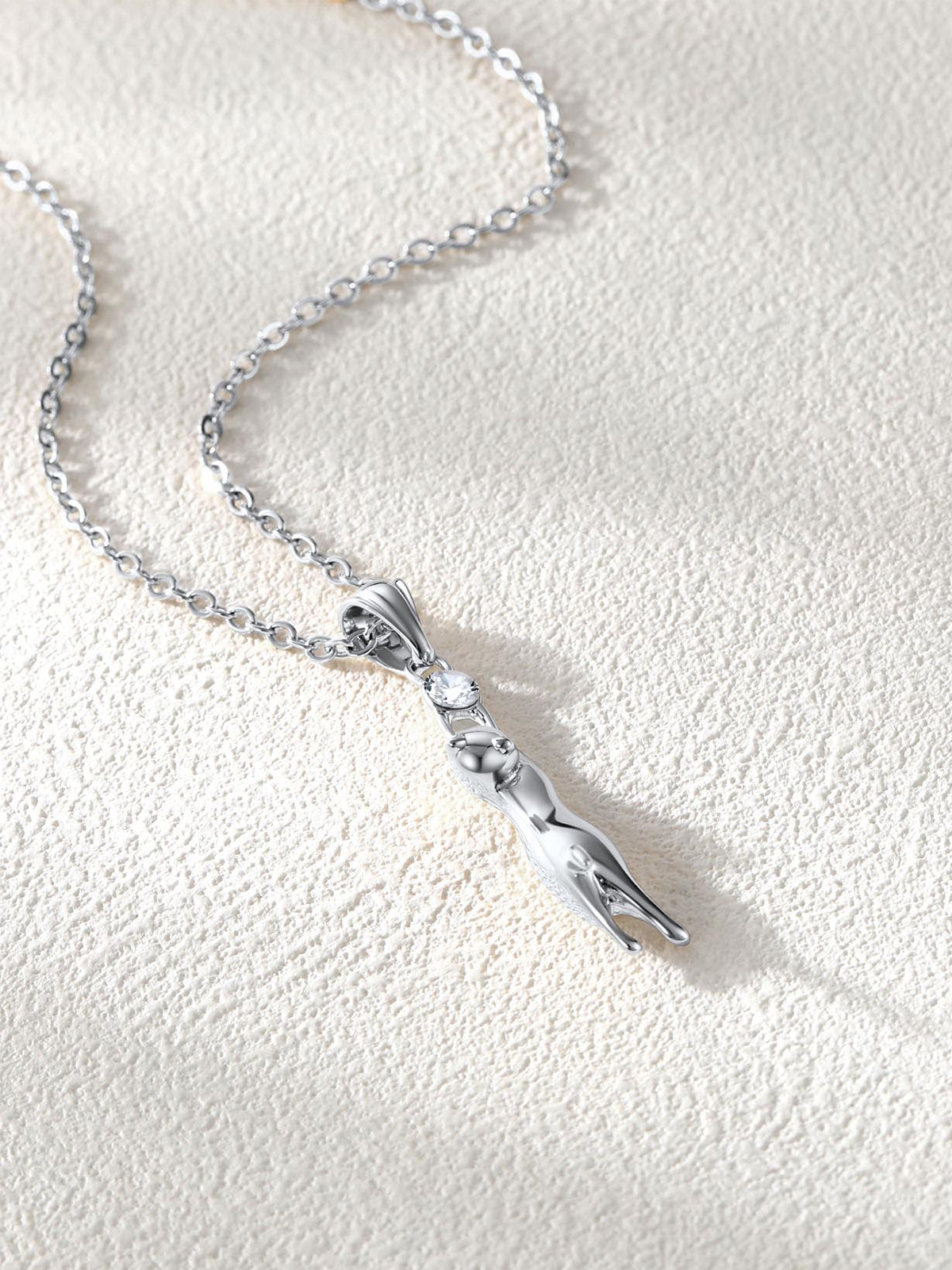 Cute Cat Pendant Animal Necklace with Rhinestone in Platinum