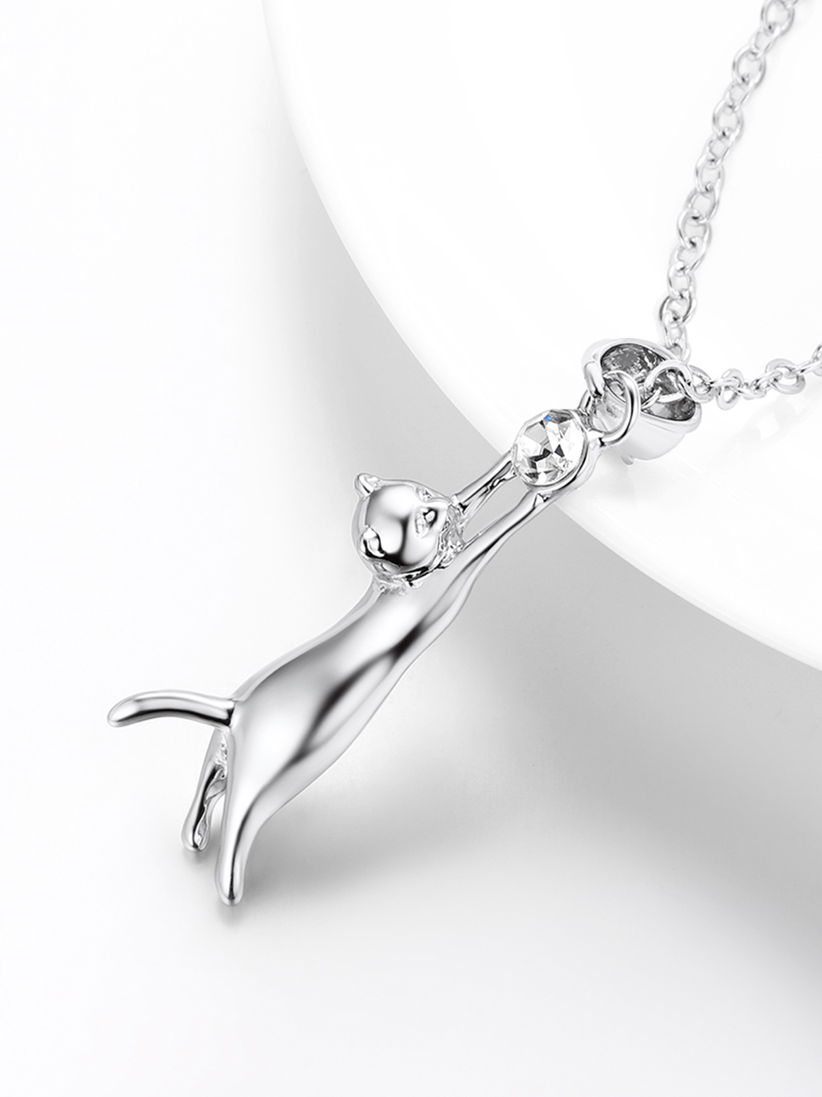 Cute Cat Pendant Animal Necklace with Rhinestone in Platinum