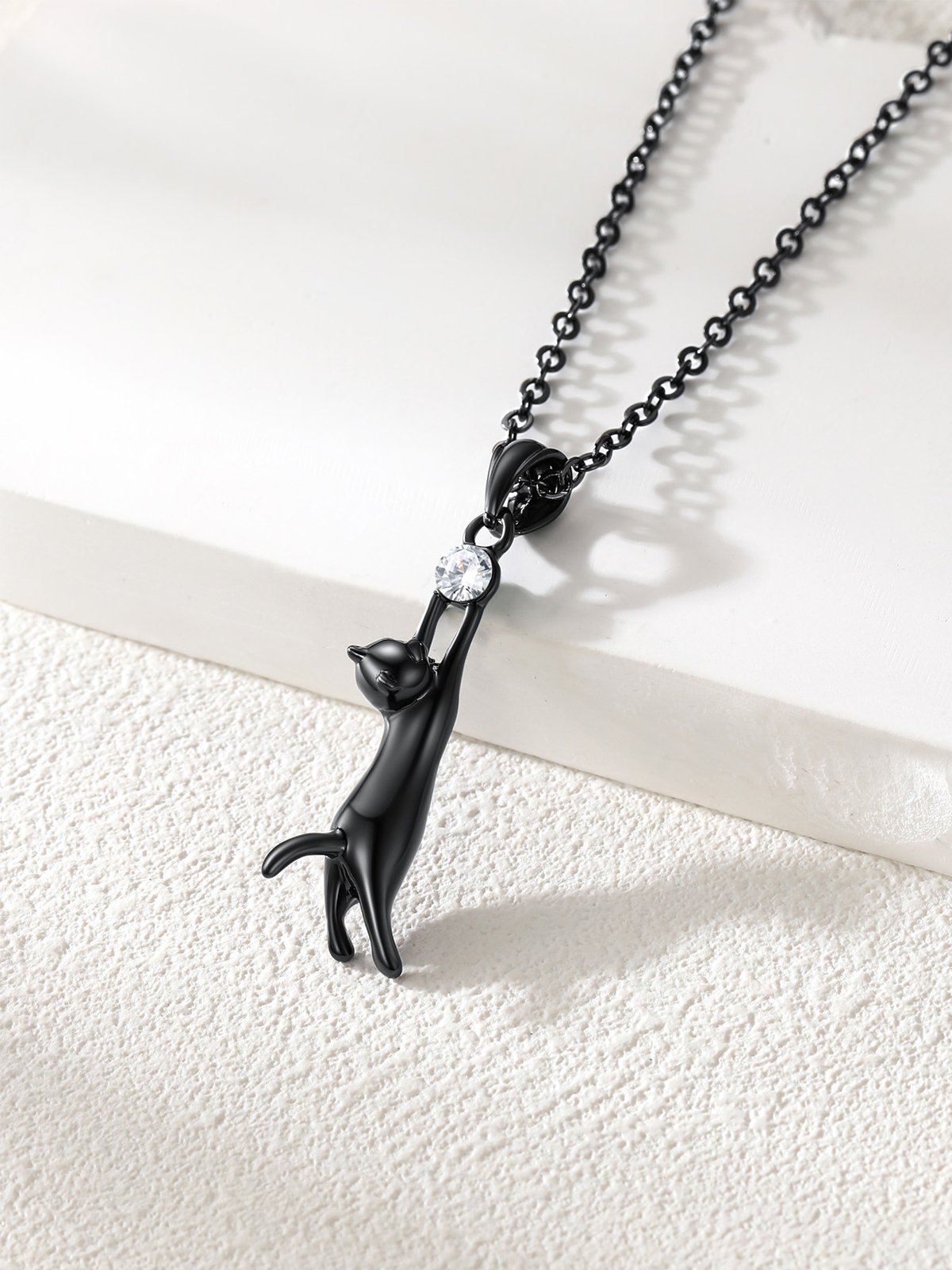 Cute Cat Pendant Animal Necklace with Rhinestone in Black