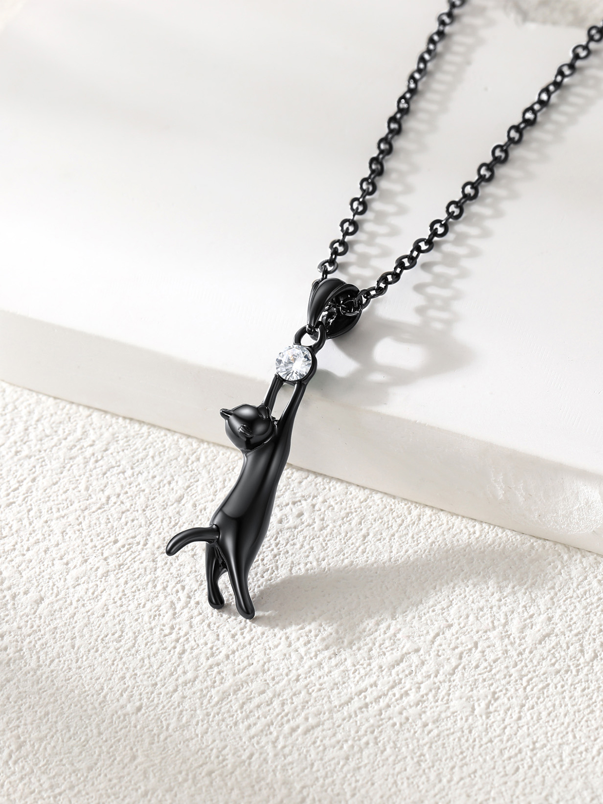 Cute Cat Pendant Animal Necklace with Rhinestone in Black