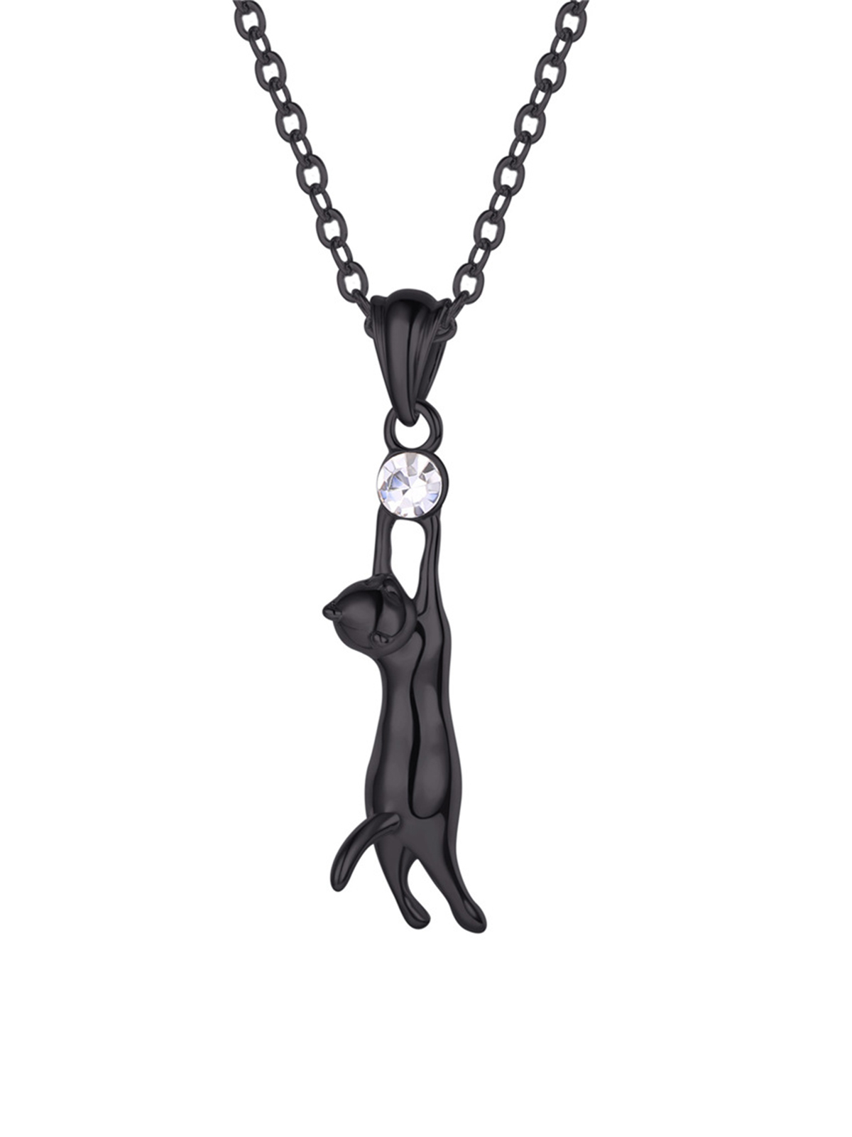 Cute Cat Pendant Animal Necklace with Rhinestone in Black