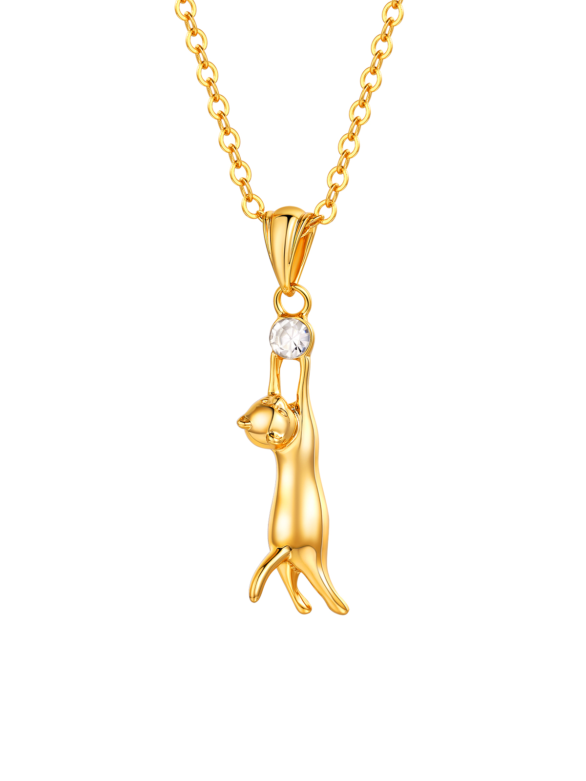 Cute Cat Pendant Animal Necklace with Rhinestone in 18K Gold