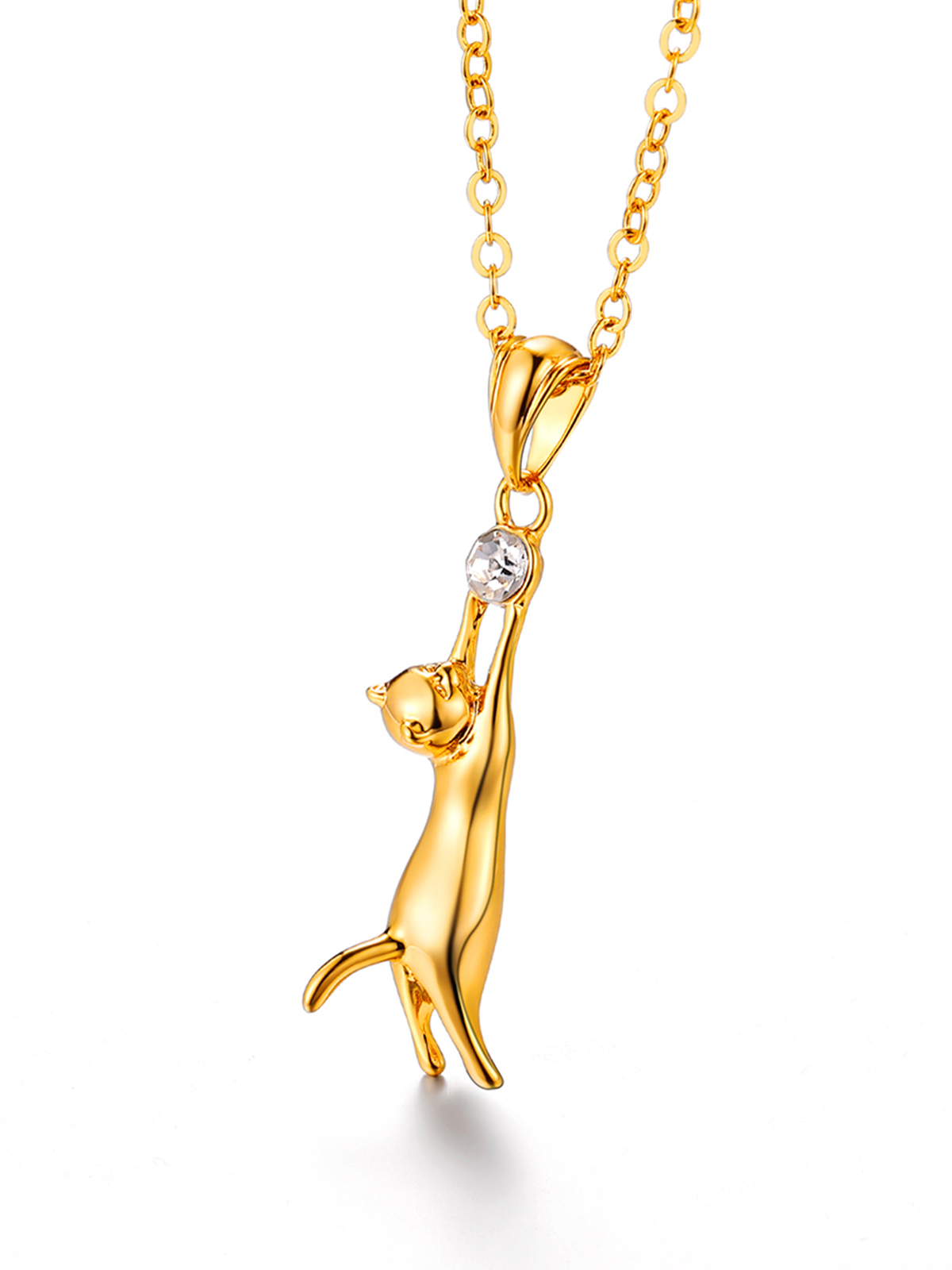 Cute Cat Pendant Animal Necklace with Rhinestone in 18K Gold