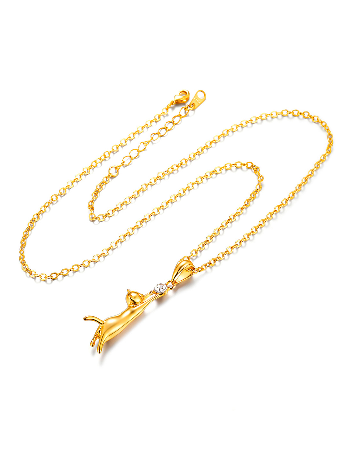 Cute Cat Pendant Animal Necklace with Rhinestone in 18K Gold